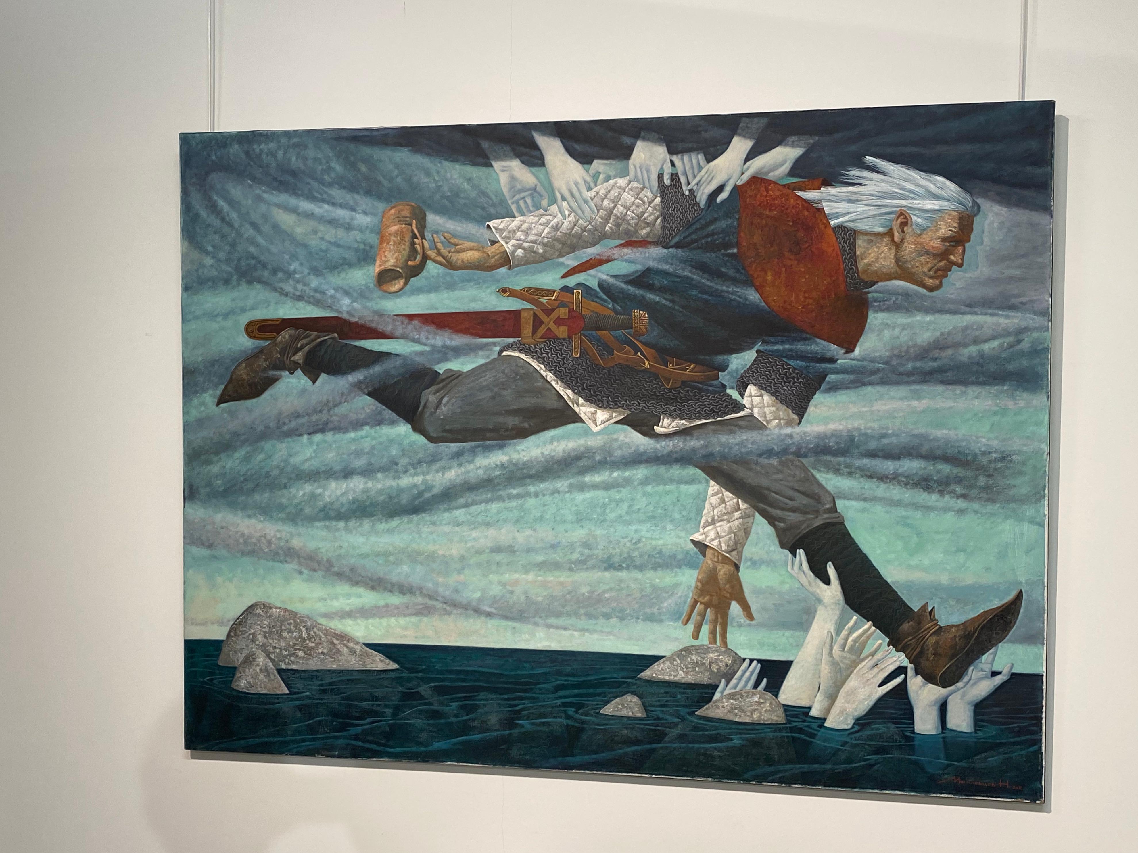 En toute confiance - 21e siècle  Peinture de Mythologie Contemporaine d'un Homme qui court - Painting de Nikita Mogilevtsev