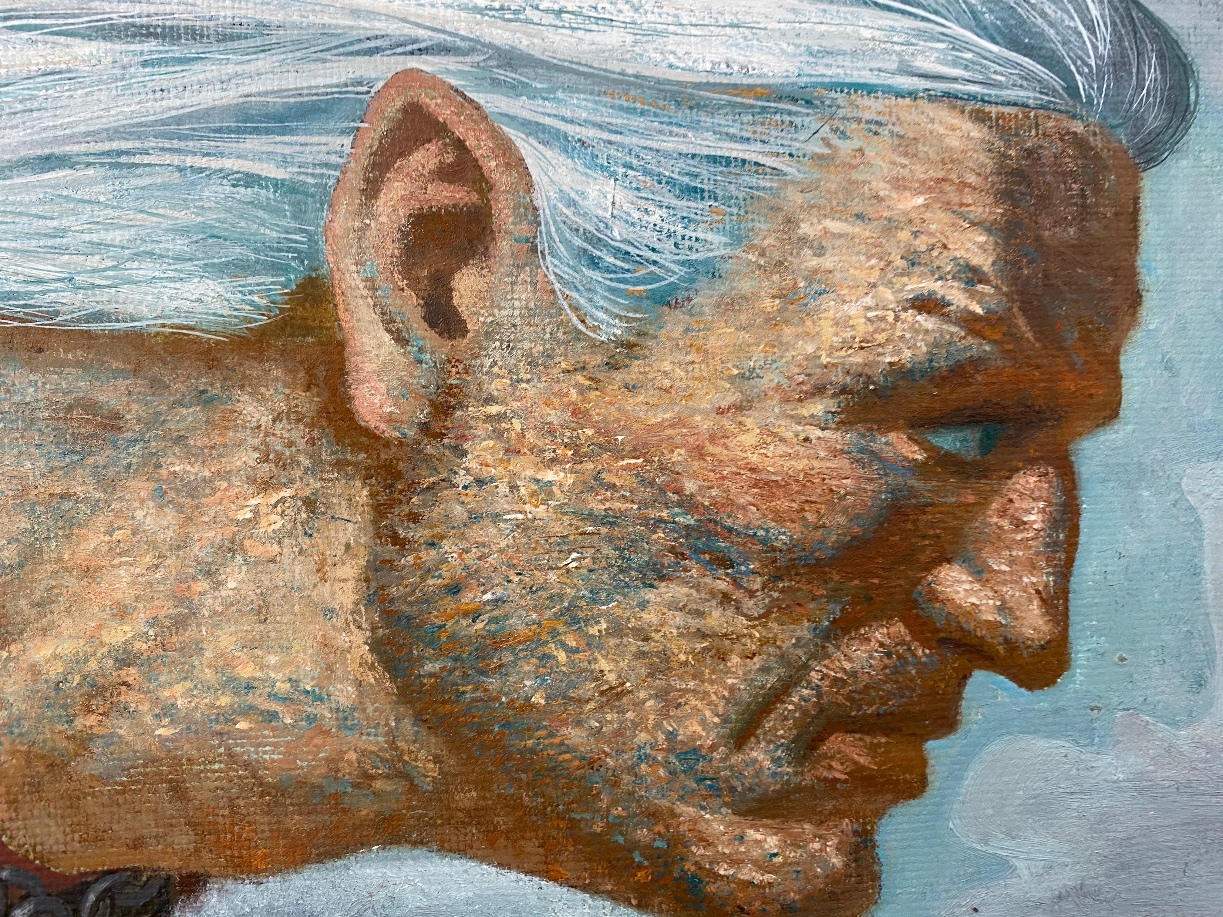 Mit Zuversicht – 21. Jahrhundert  Contemporary Mythology Gemälde eines laufenden Mannes (Zeitgenössisch), Painting, von Nikita Mogilevtsev