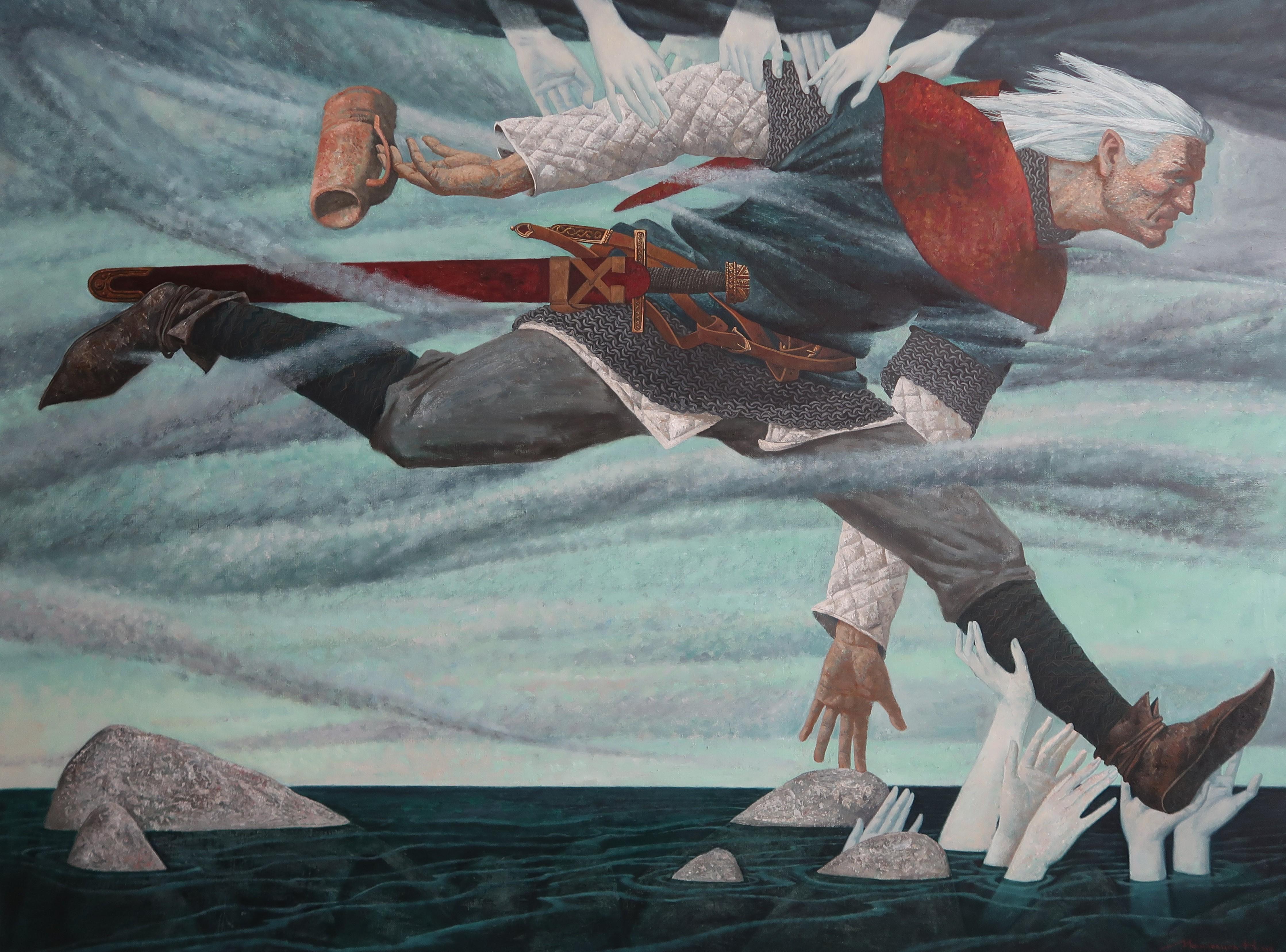 Animal Painting Nikita Mogilevtsev - En toute confiance - 21e siècle  Peinture de Mythologie Contemporaine d'un Homme qui court