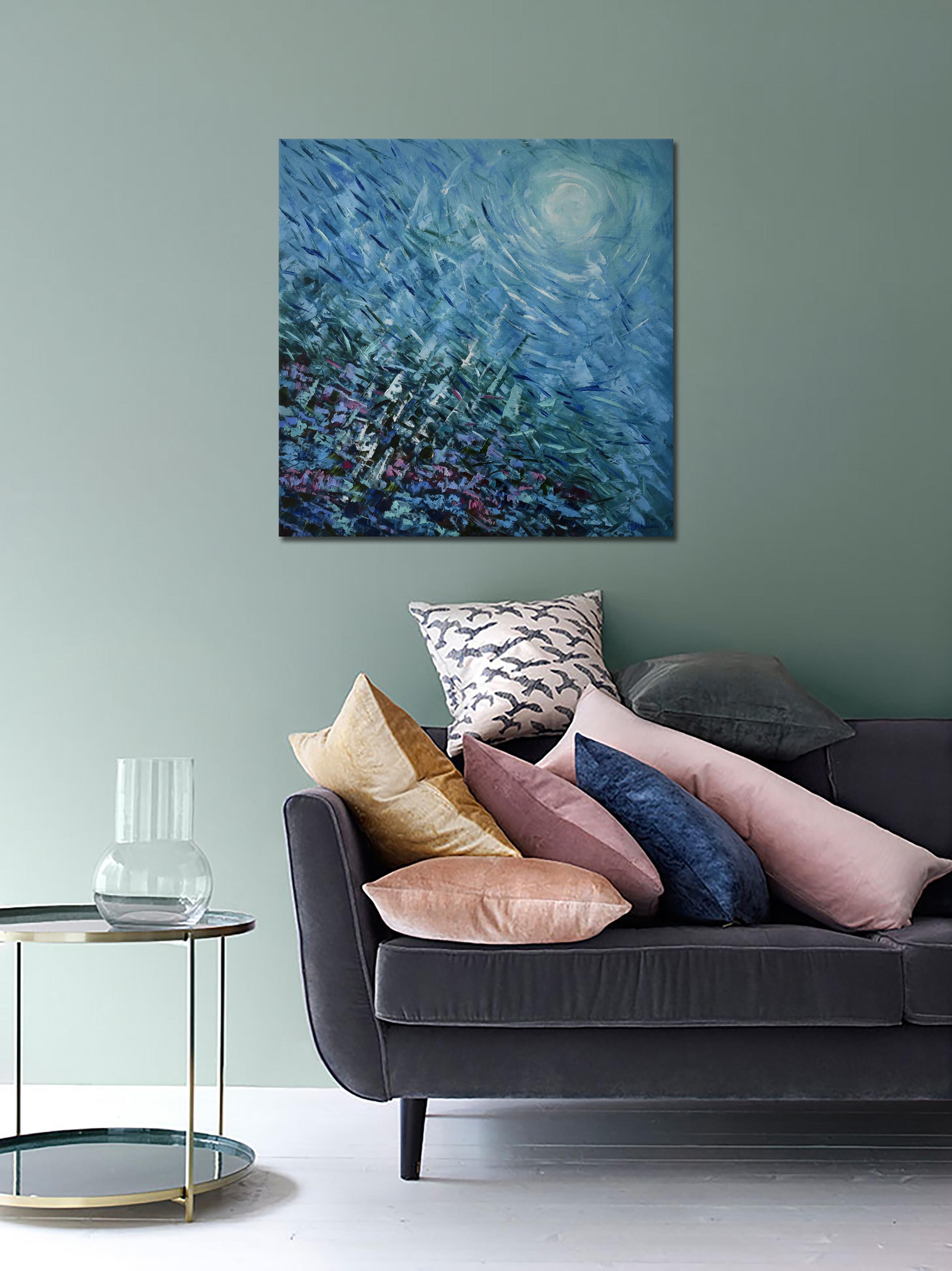 Abstract Underwater by Olga Nikitina captures the mesmerizing, ethereal quality of ocean depths through a striking palette of blues, greens, and soft highlights. This 60x60 cm oil painting on cotton canvas uses palette knife techniques to create