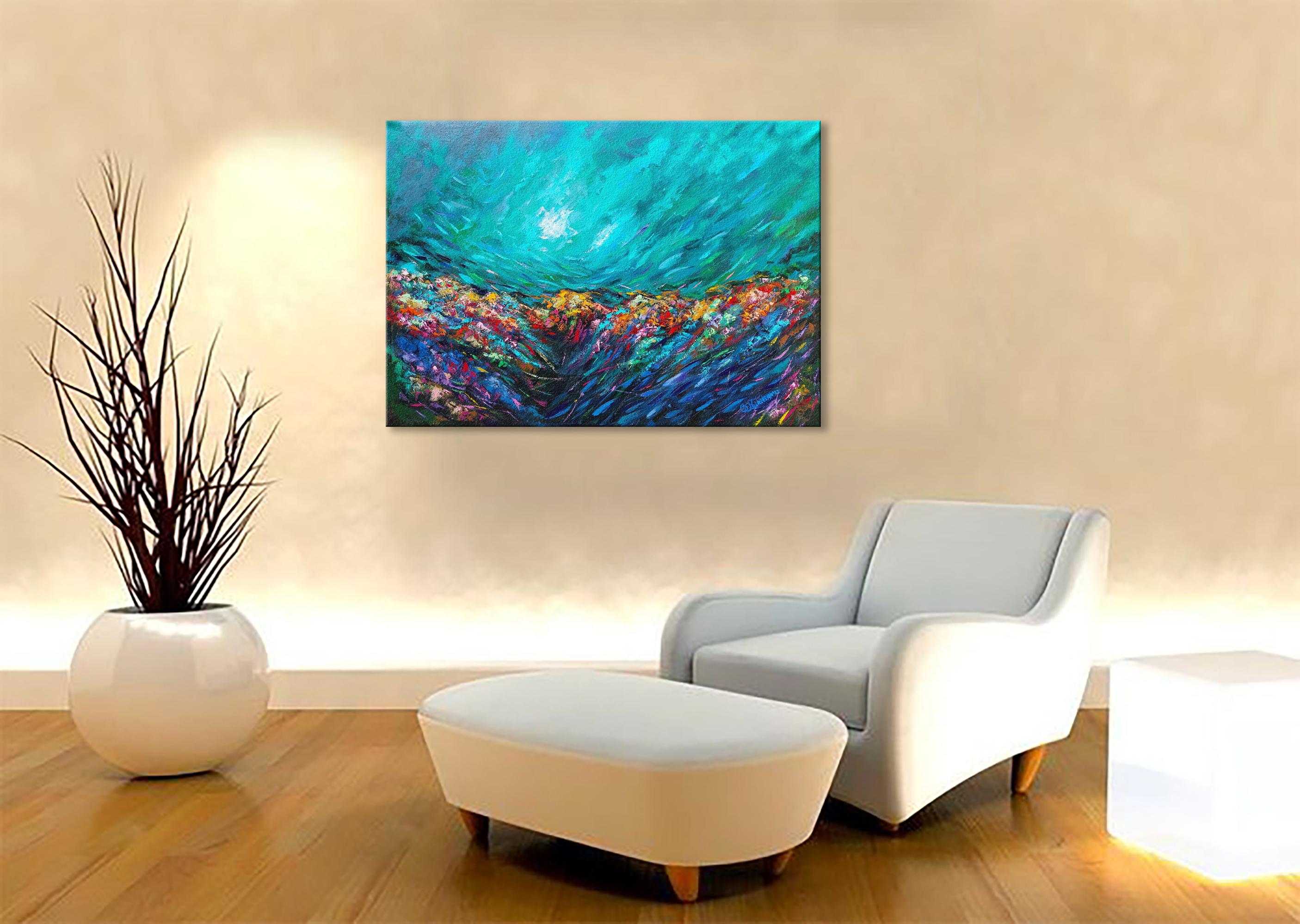 Emerald Coral Reef Painting Underwater Art Palette Knife Original Oil Painting - Bleu Interior Painting par Nikitina Olga