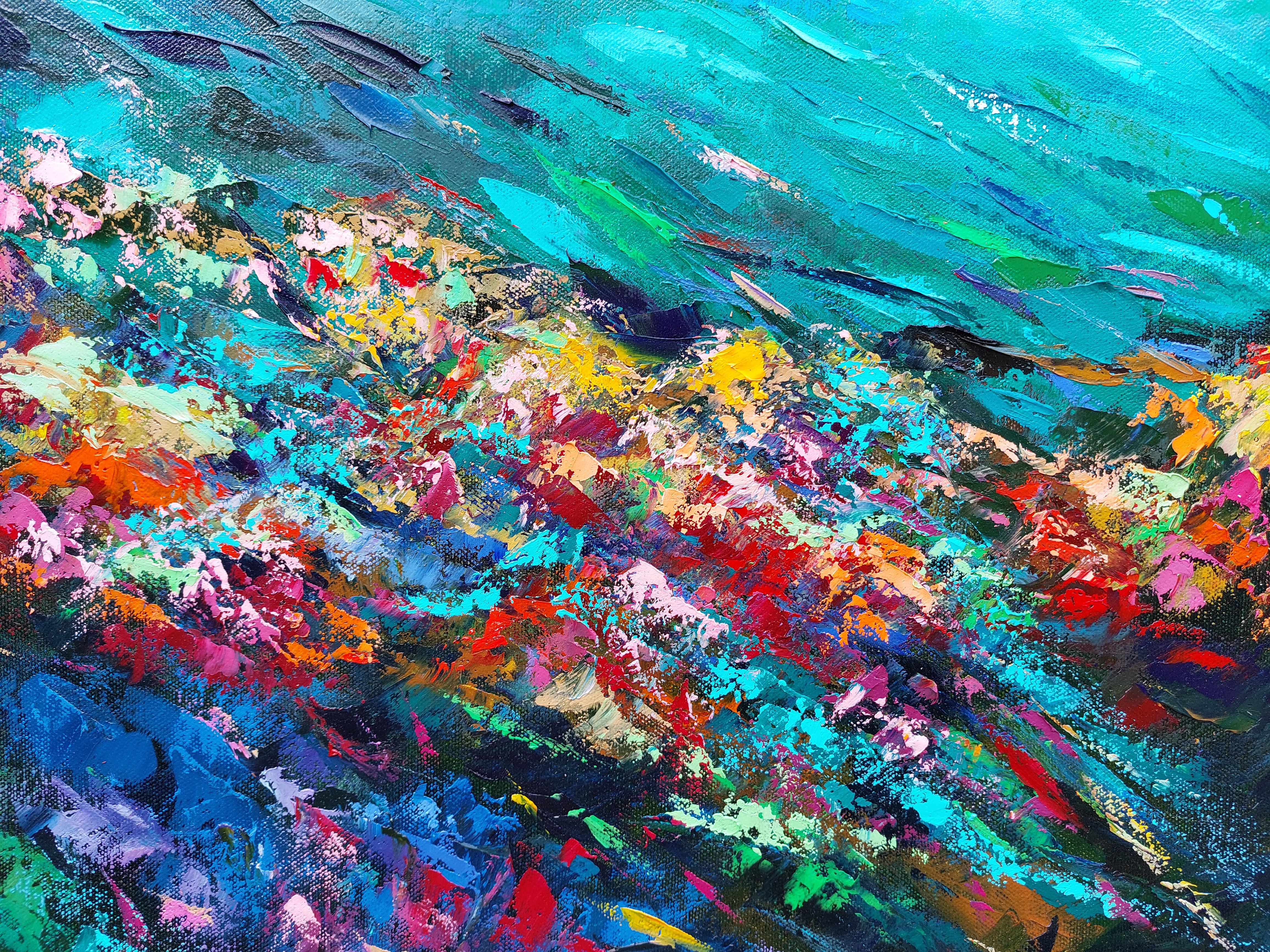 Emerald Coral Reef Painting Underwater Art Palette Knife Original Oil Painting en vente 1