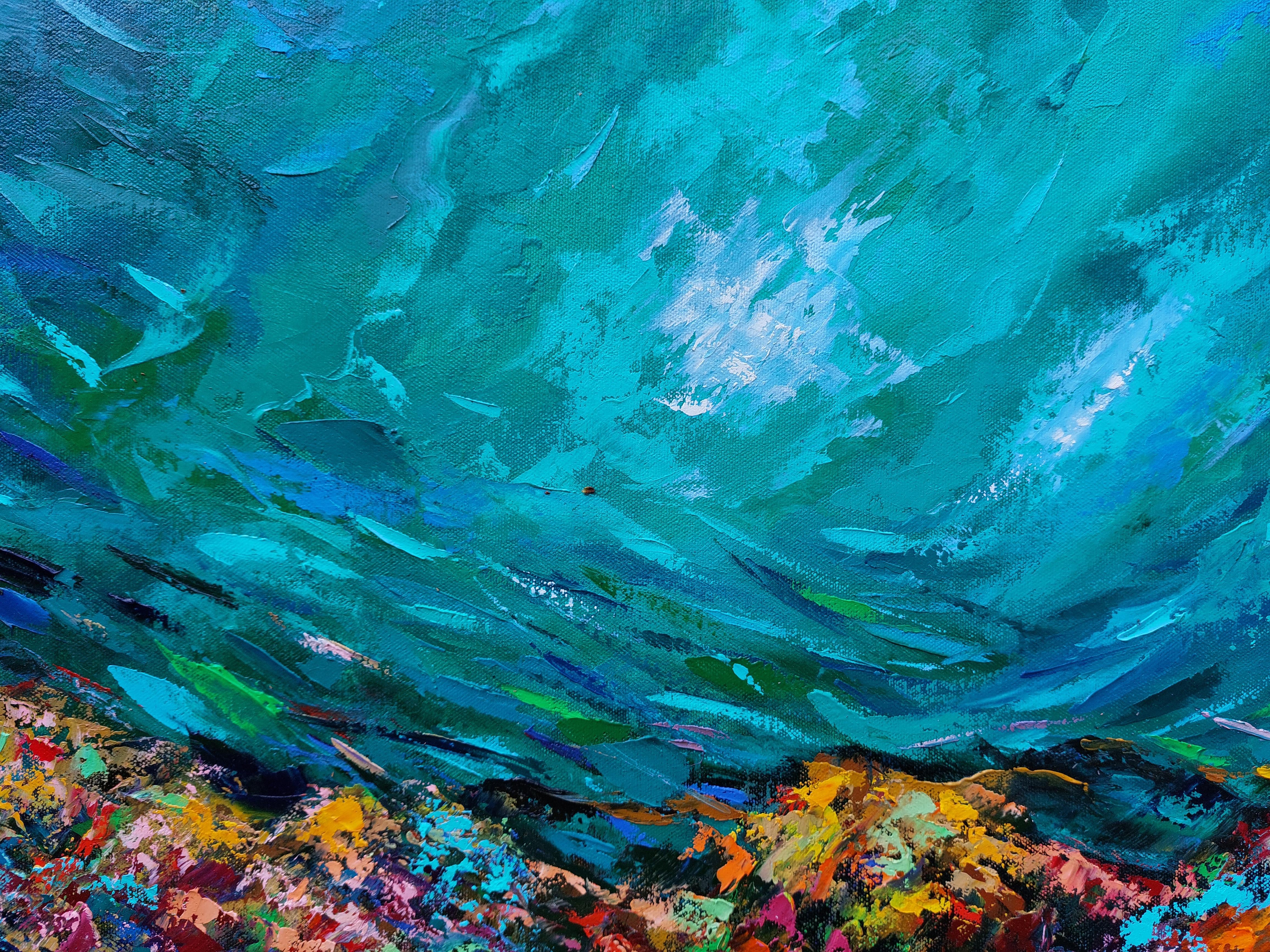 Emerald Coral Reef Painting Underwater Art Palette Knife Original Oil Painting en vente 2