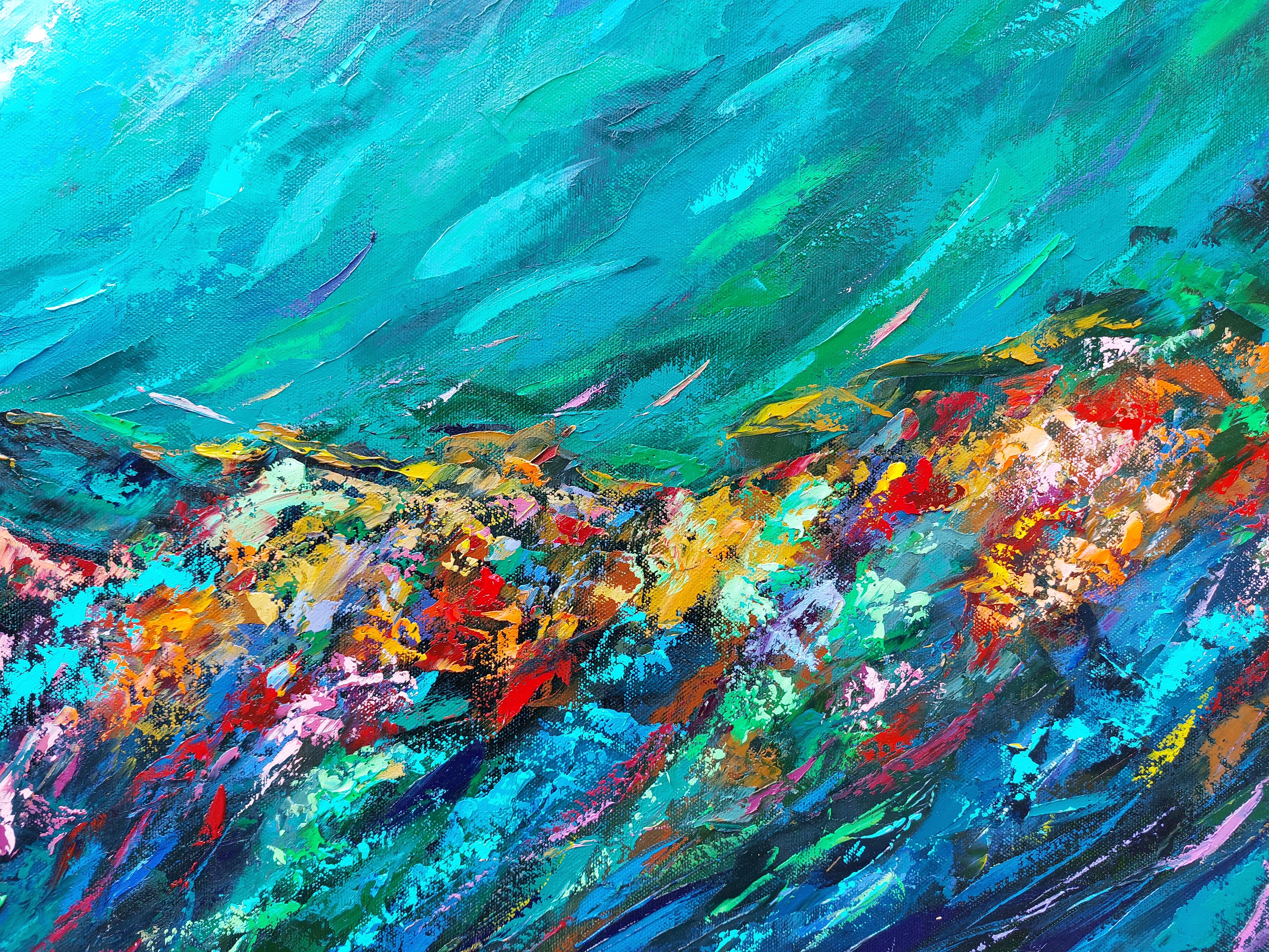 Emerald Coral Reef Painting Underwater Art Palette Knife Original Oil Painting en vente 4
