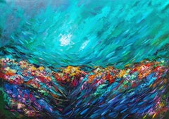 Pintura Arrecife de Coral Esmeralda Arte Submarino Paleta Cuchillo Pintura al Óleo Original