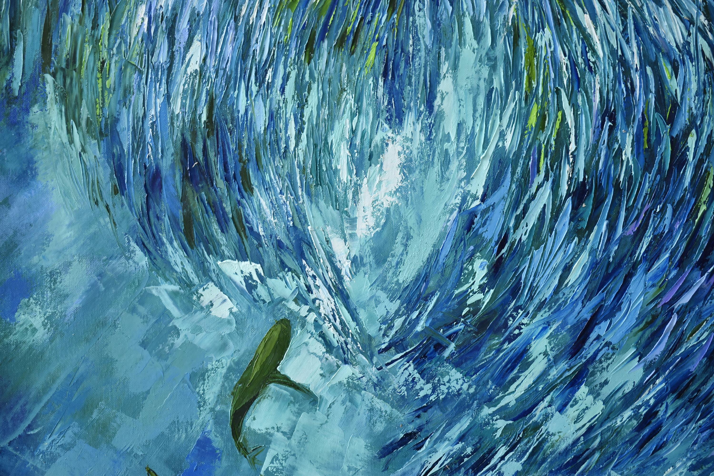 Sardine Run Painting Oil - Blue Animal Painting by Nikitina Olga