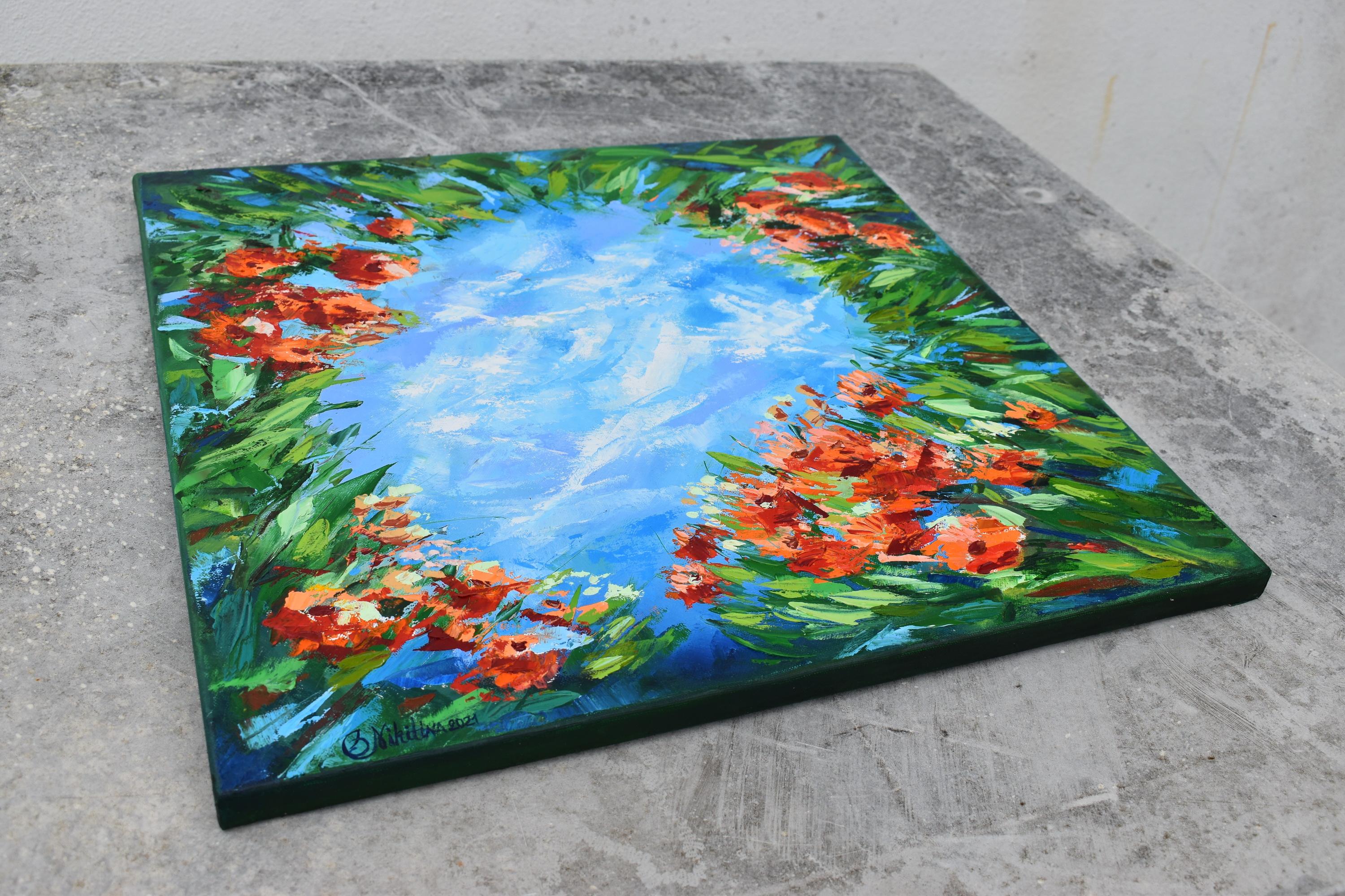Spring Blossom Painting Flowers Original Art Impasto Oil Painting Palette Knife - Gray Landscape Painting by Nikitina Olga