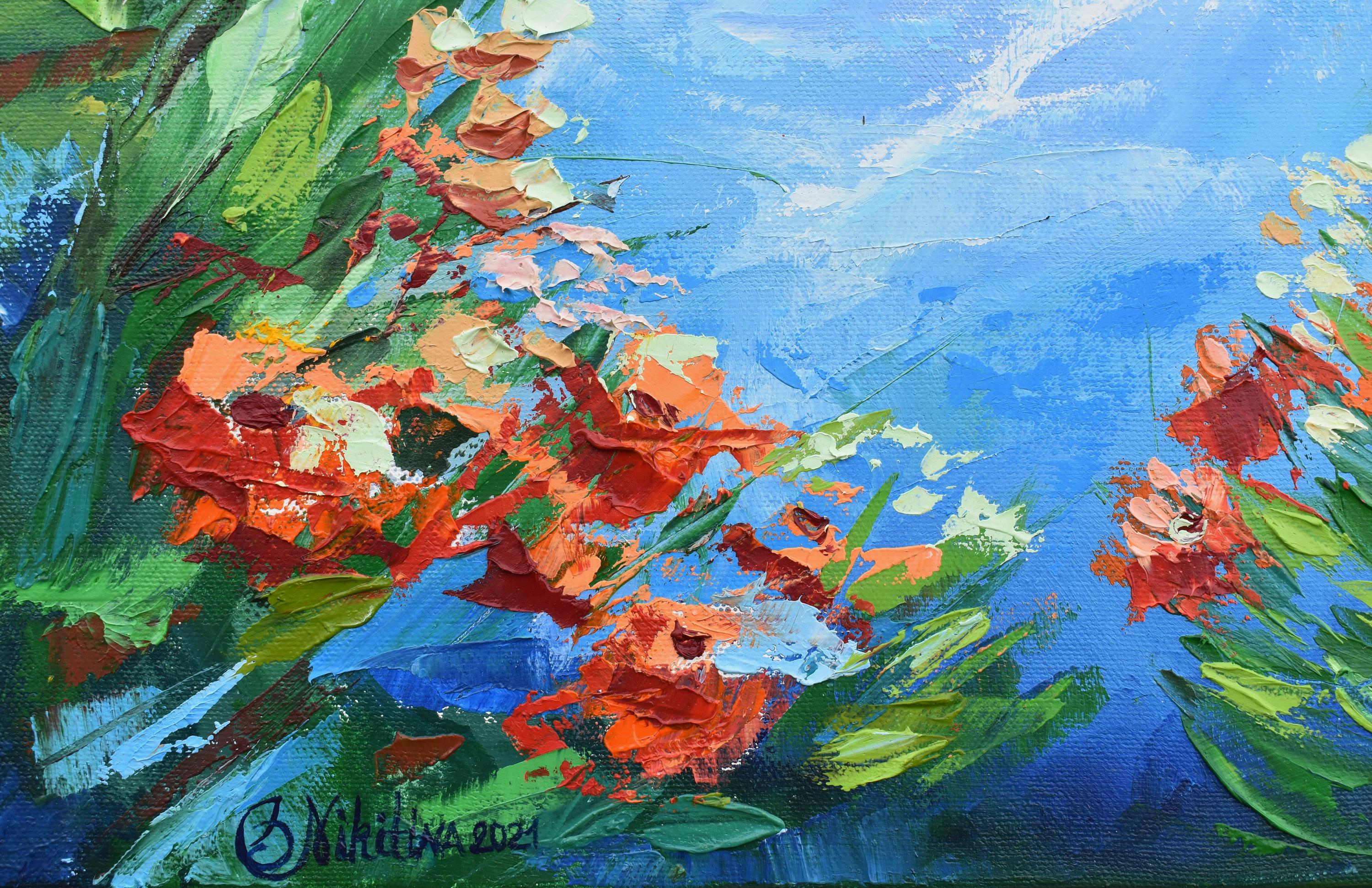 This spring blossom painting is original art by modern artist Olga Nikitina. Oil painting on canvas captures spring mood and nice warm atmosphere inspired by exotic tree Pohutukawa known as Christmas Tree grows in south countries as New Zealand and
