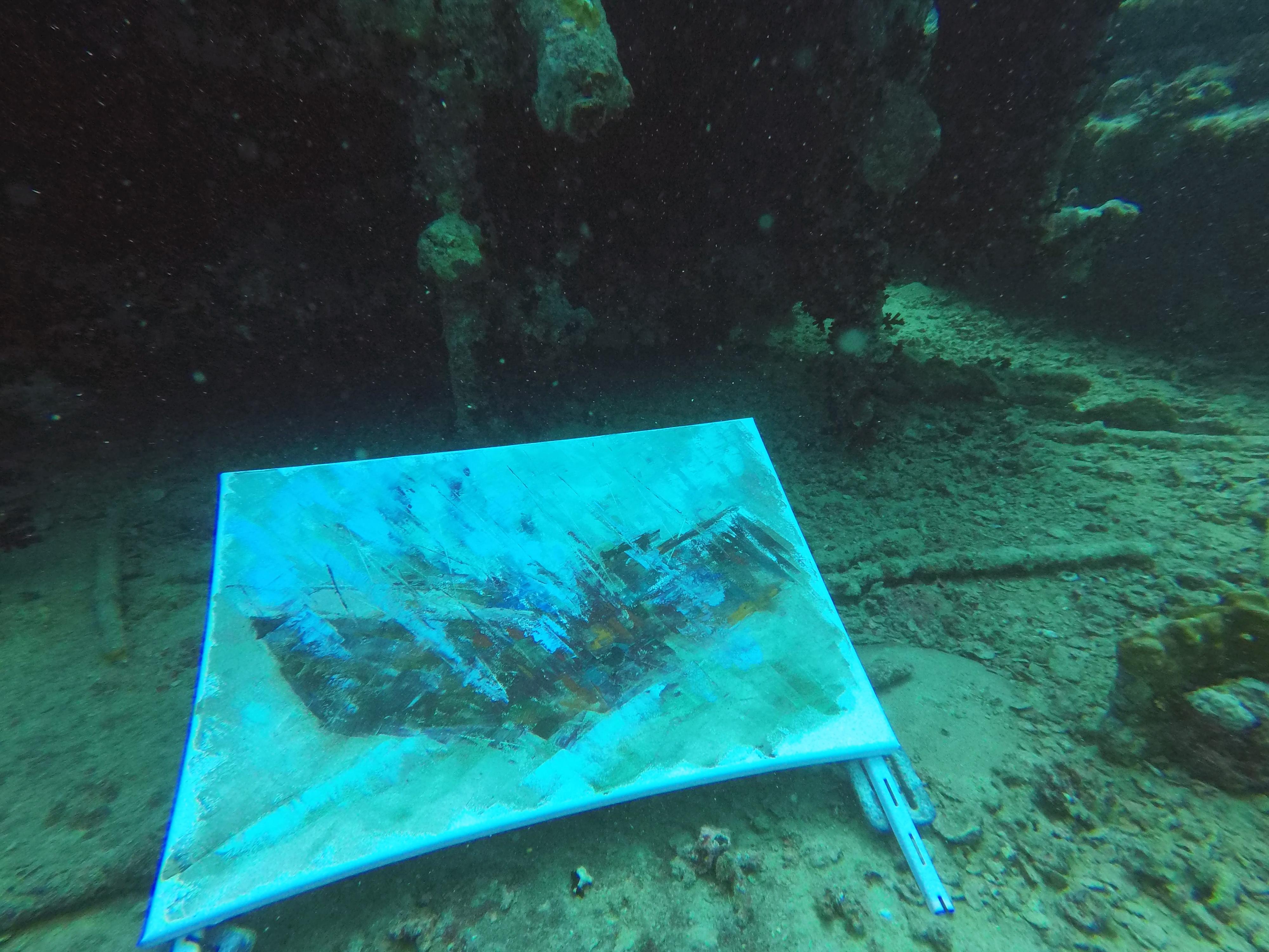 Unterwassermalerei von Olga Nikitina Die Thistlegorm, Wrack des Zweiten Weltkriegs im Roten Meer.
Die Unterwassermalerei ist eine neue, einzigartige und schnell wachsende Richtung in der zeitgenössischen Kunst. Das Kunstwerk wurde unter Wasser beim