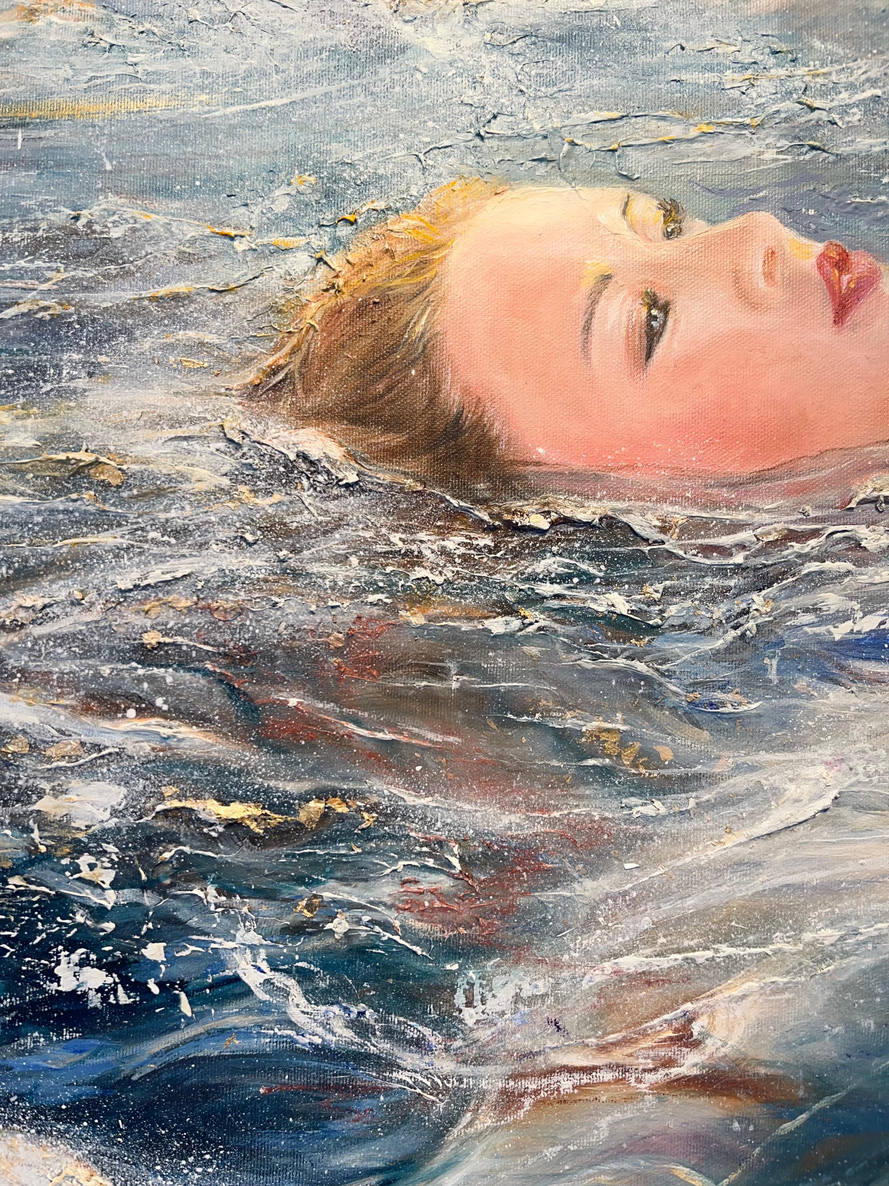 Sunset Dream-original figurative seascape oil painting- sunset modern Art - Gris Landscape Painting par Nikki Baxendale