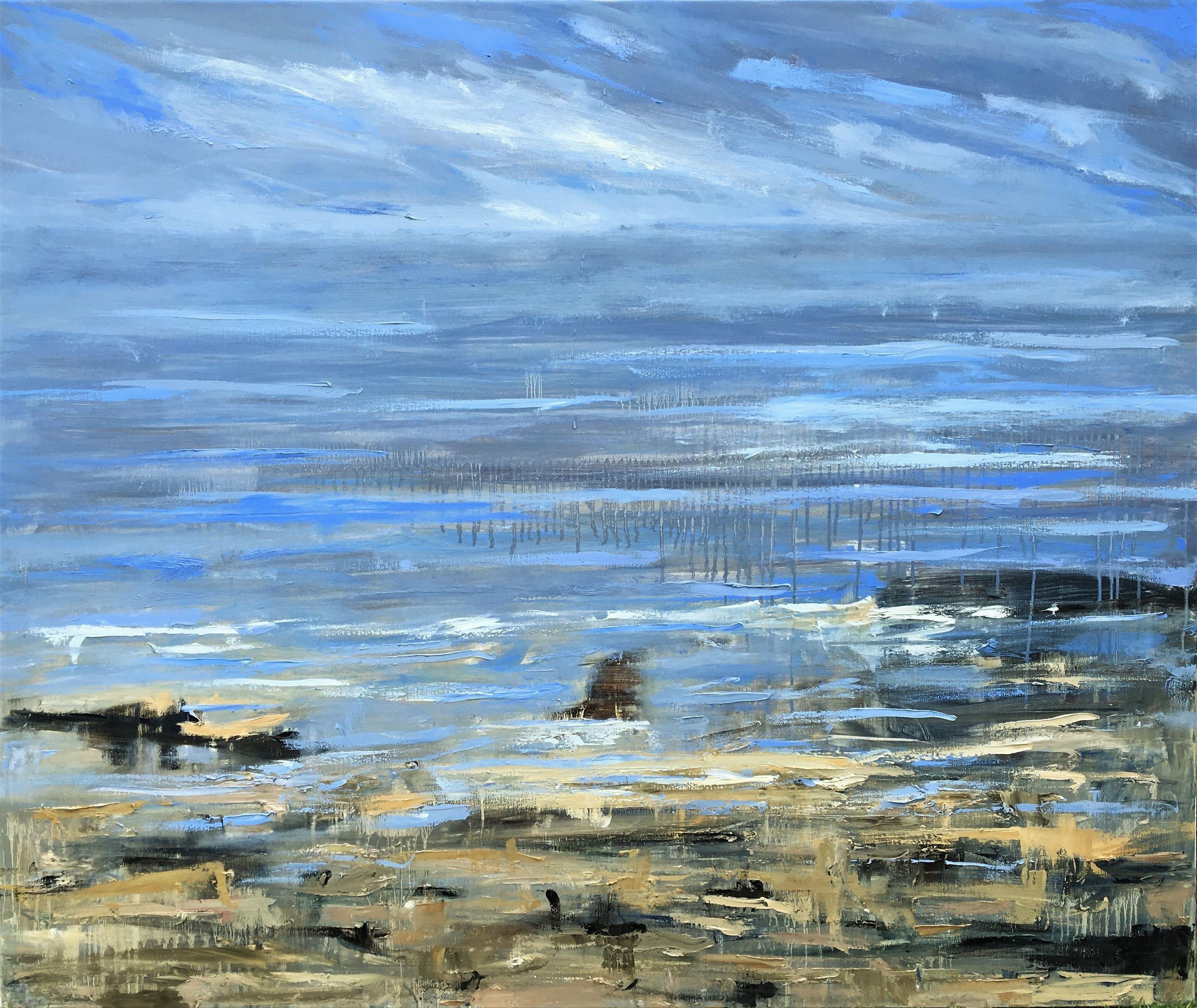 I consider myself hugely lucky to live on the coast, where I can observe it in all its different moods. Painted intuitively from memory and emotions, this oil on deep edge box canvas is ready to hang. :: Painting :: Impressionist :: This piece comes