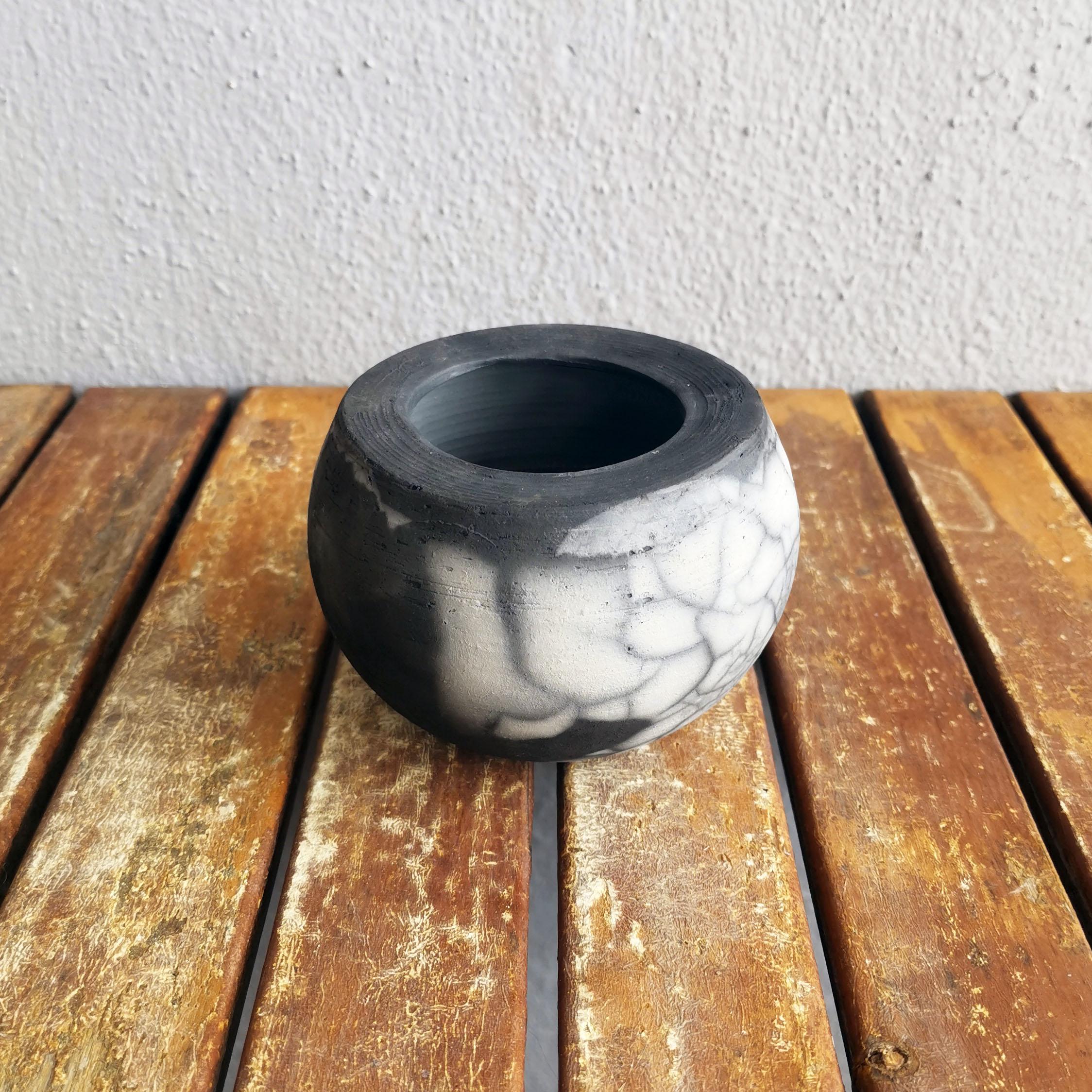 Modern Nikko Raku Pottery Vase, Smoked Raku, Handmade Ceramic Home Decor Gift For Sale