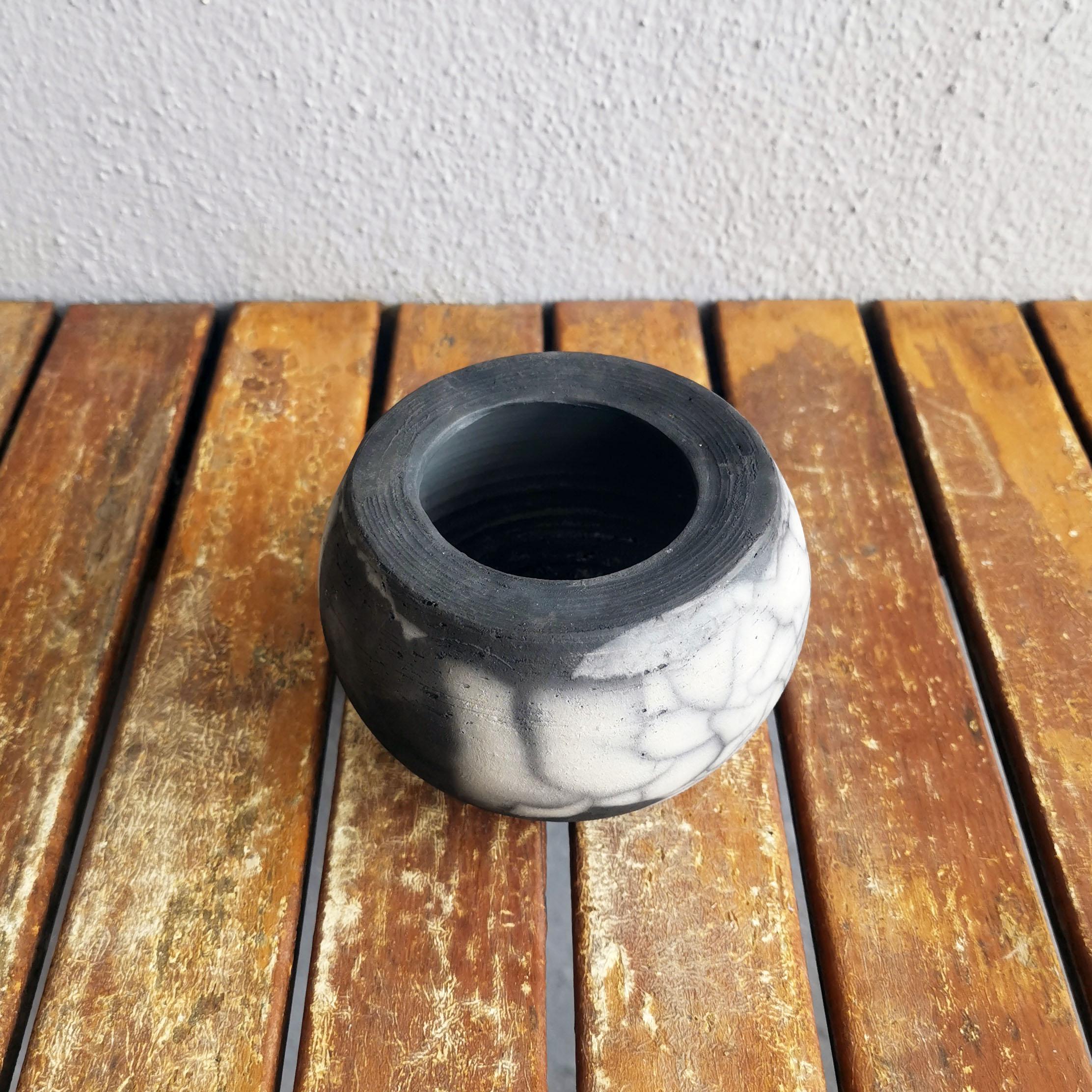 Malaysian Nikko Raku Pottery Vase, Smoked Raku, Handmade Ceramic Home Decor Gift For Sale