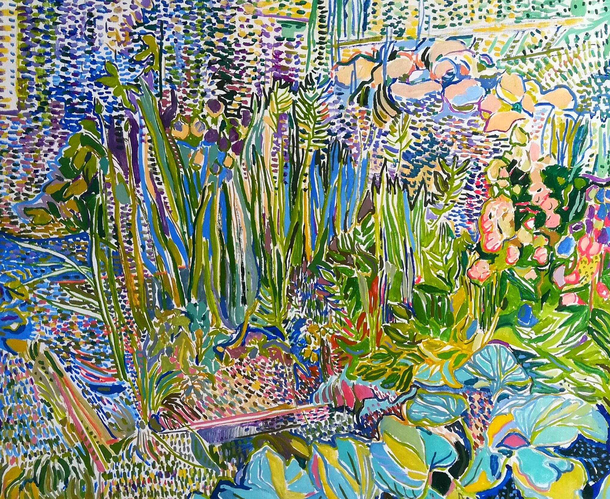 Gardening Landscape - 21st Century Contemporary Pointillism Nature Oil Painting