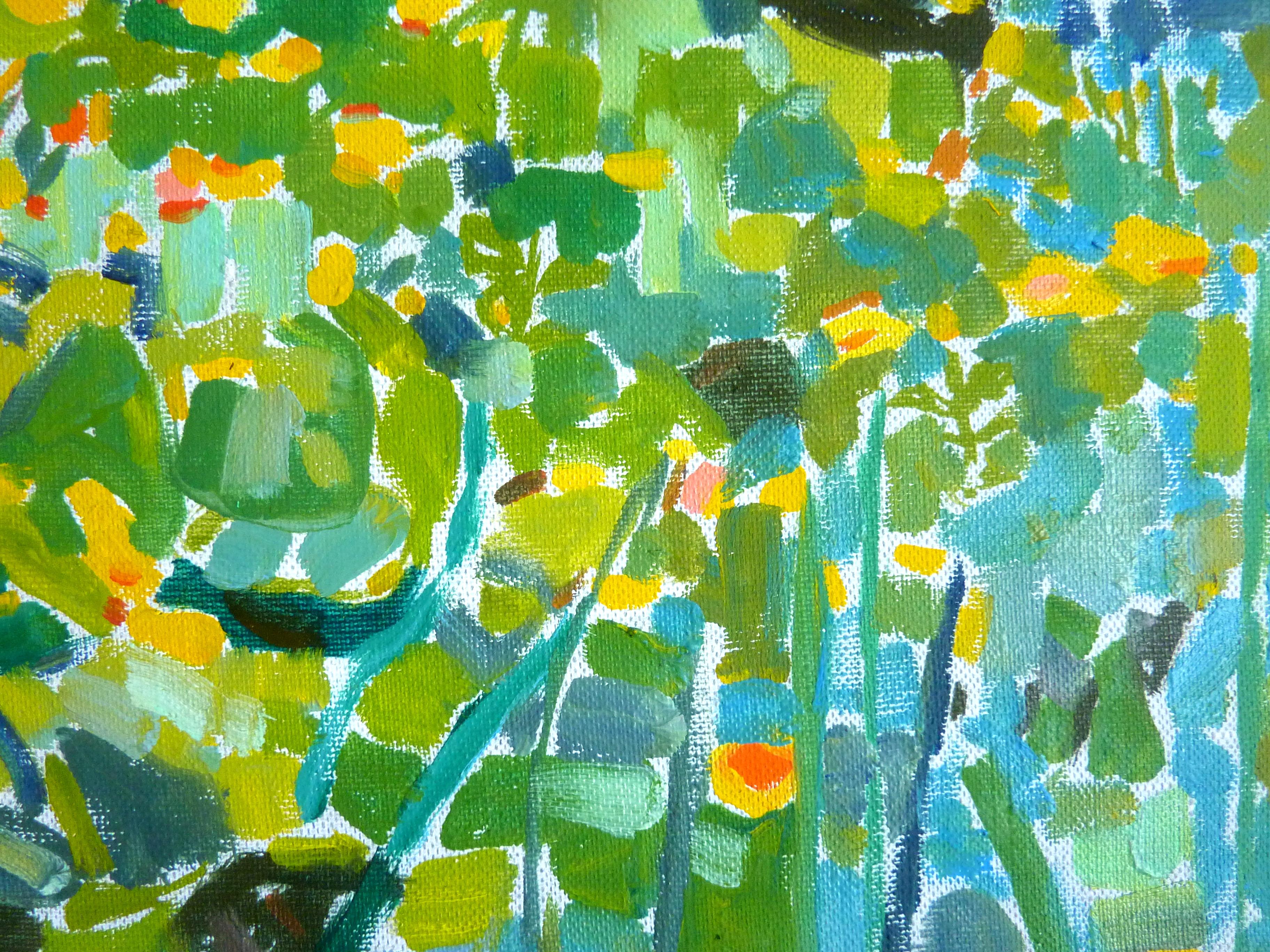 Gardening View - 21st Century Contemporary Pointillism Nature Oil Painting - Green Abstract Painting by Nikol Klampert