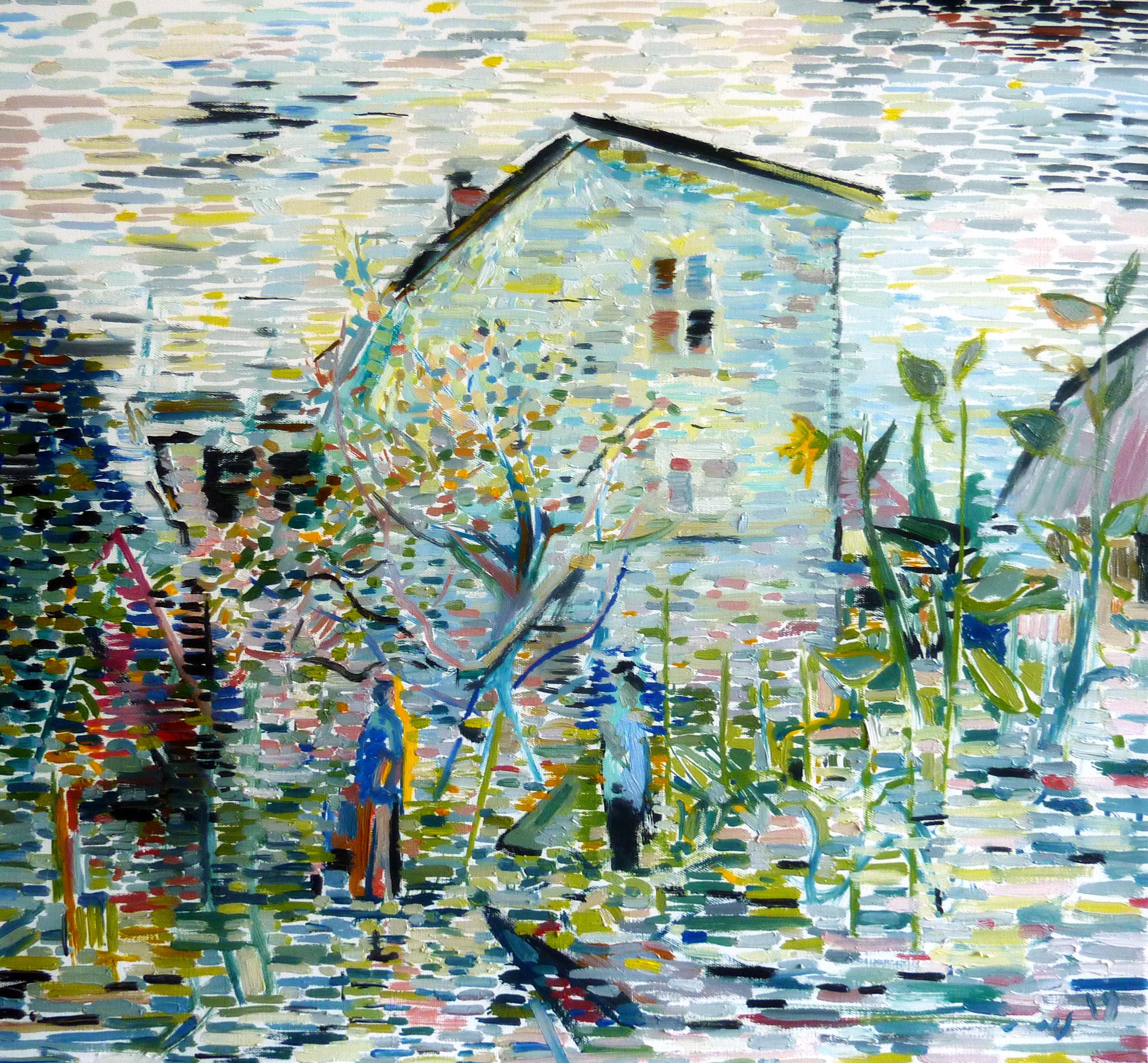 Nikol Klampert Landscape Painting - Gray Garden - 21st Century Contemporary Pointillism Nature Oil Painting