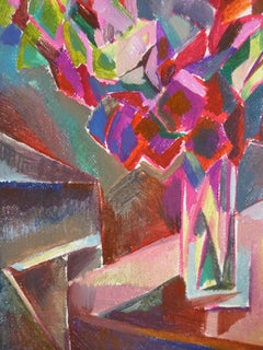 Purple Flowers - 21st Century Contemporary Cubism Floral Oil Painting