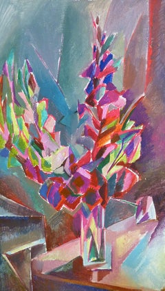 Purple Flowers - 21st Century Contemporary Cubism Floral Oil Painting