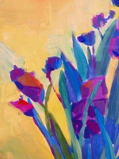 Purple Flowers on Yellow - 21st Century Contemporary Fauvist Floral Oil Painting