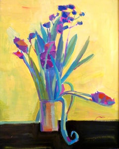 Purple Flowers on Yellow - 21st Century Contemporary Fauvist Floral Oil Painting