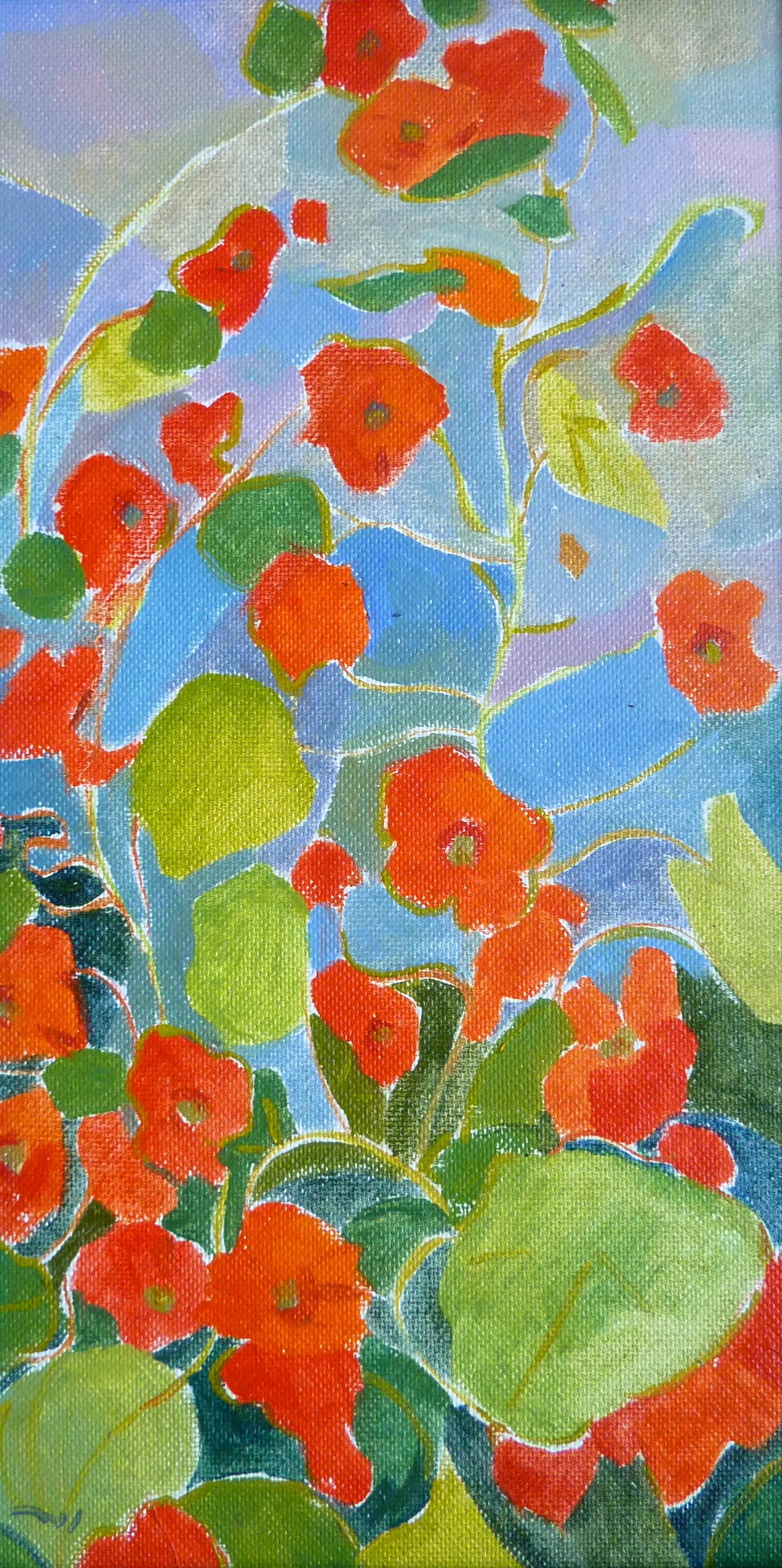 Nikol Klampert Still-Life Painting - Red Flowers at the Garden - 21st Century Contemporary Naive Floral Oil Painting