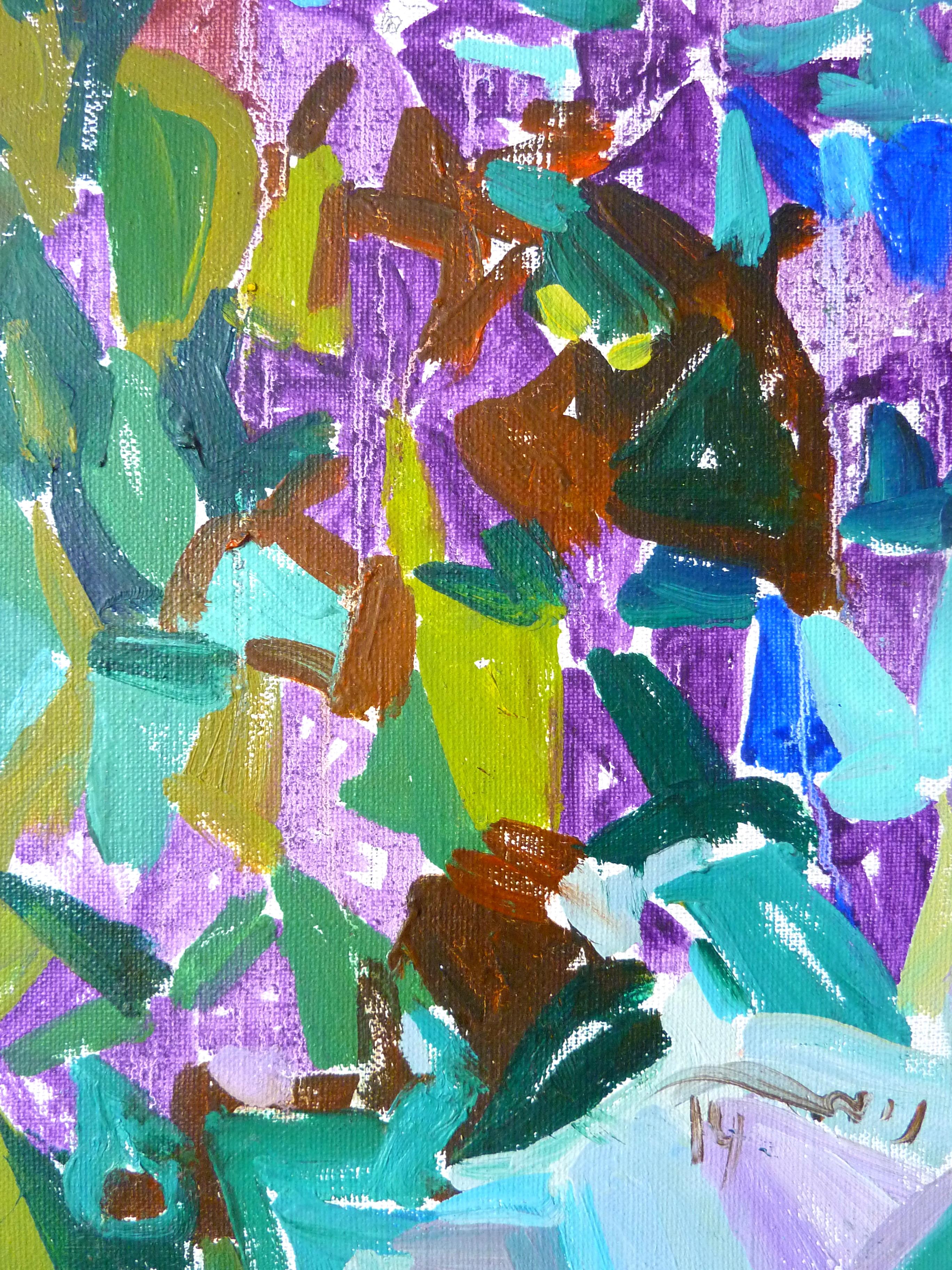 Violet Harmony - 21st Century Contemporary Bright Cubism Nature Oil Painting - Gray Landscape Painting by Nikol Klampert