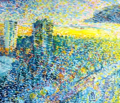 Window View - 21st Century Contemporary Pointillism Urban Oil Painting