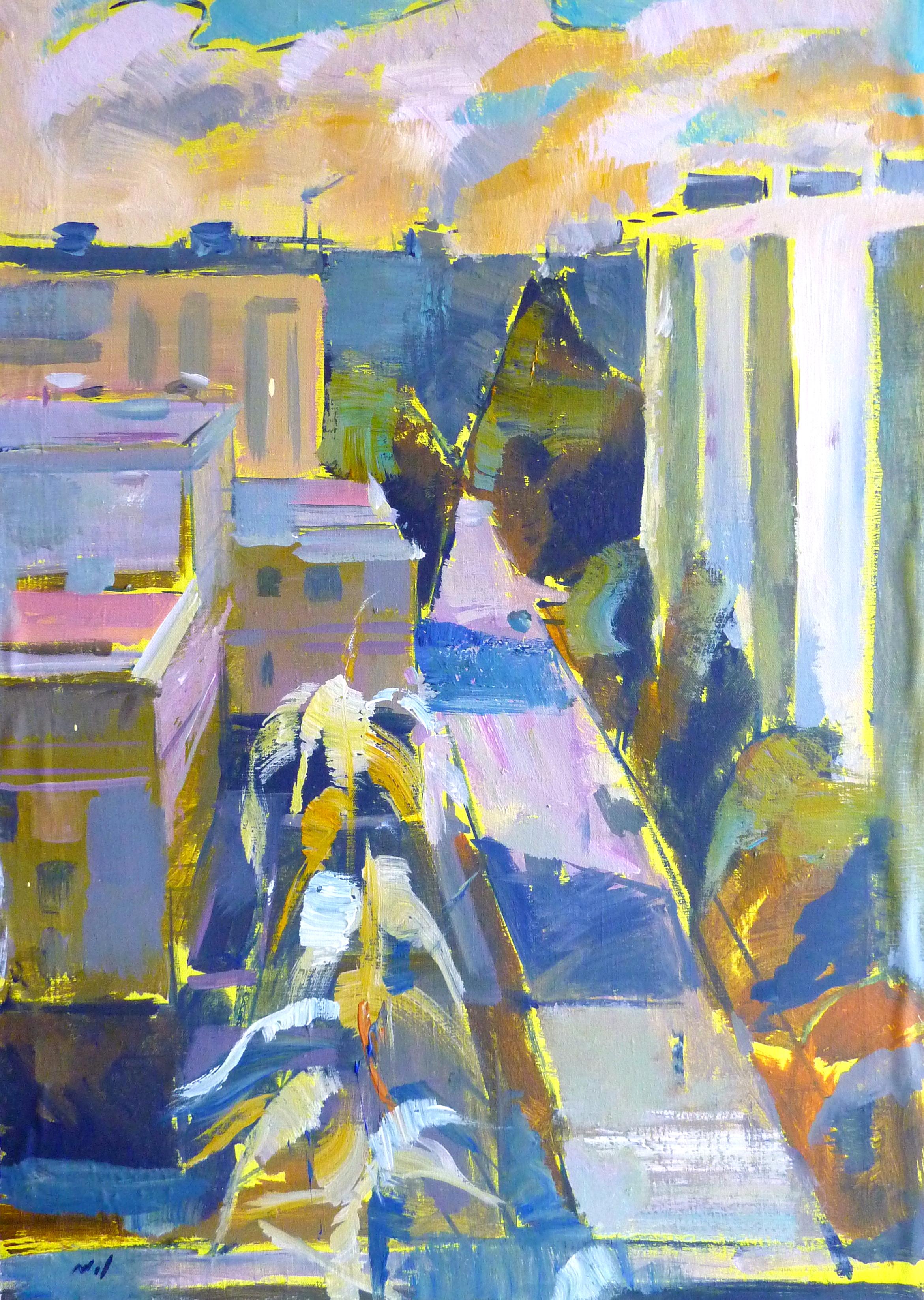 Nikol Klampert Landscape Painting - Window View No.2 - 21st Century Contemporary Urban Cubism Oil Painting
