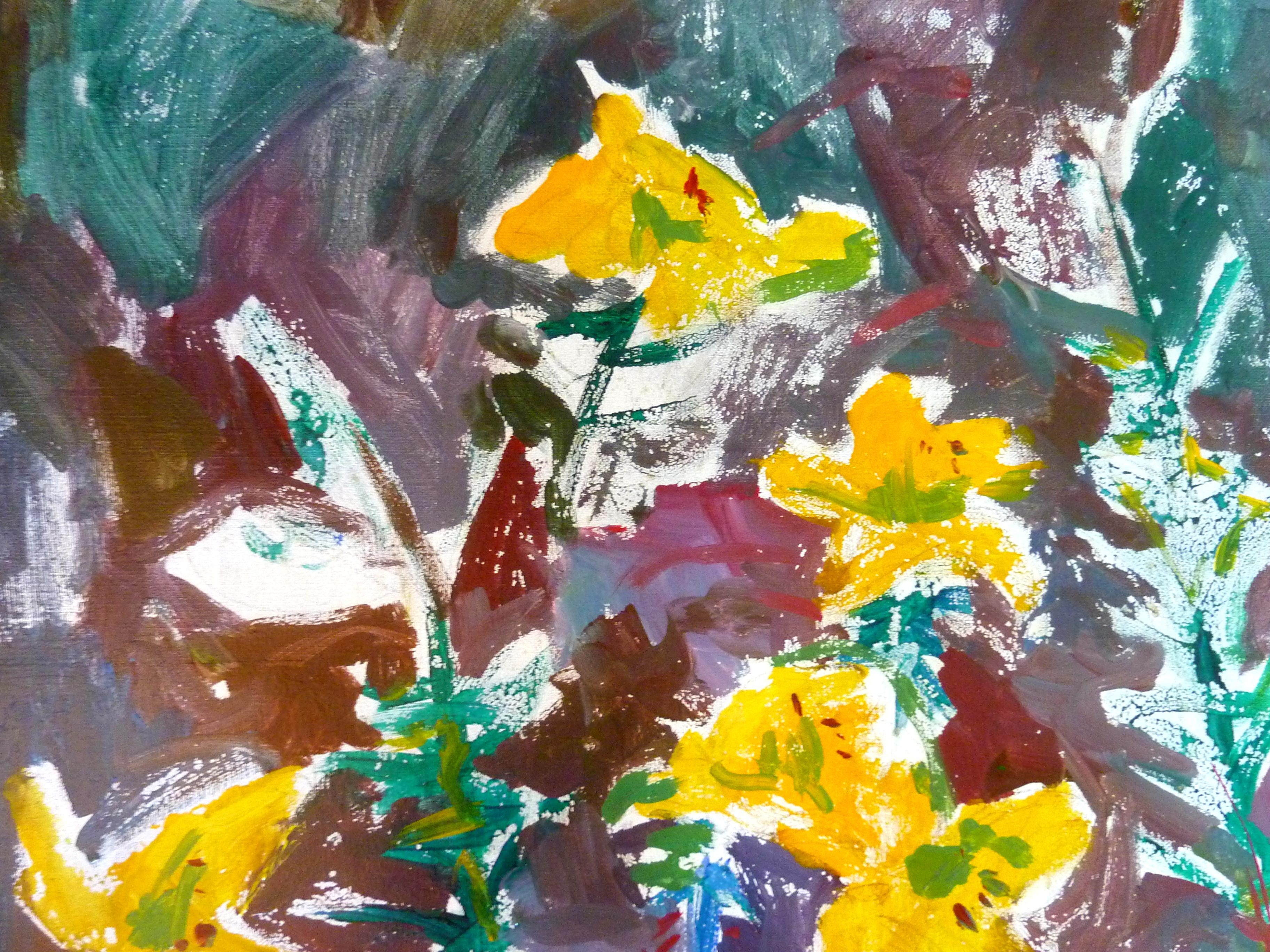 Yellow Flowers at the Gardening - 21st Century Contemporary Fauvist Oil Painting For Sale 1