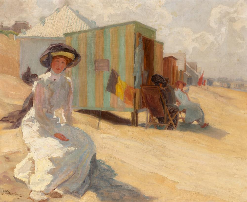 "Día en la playa", Nikol Schattenstein, Escena figurativa belga junto al mar soleado