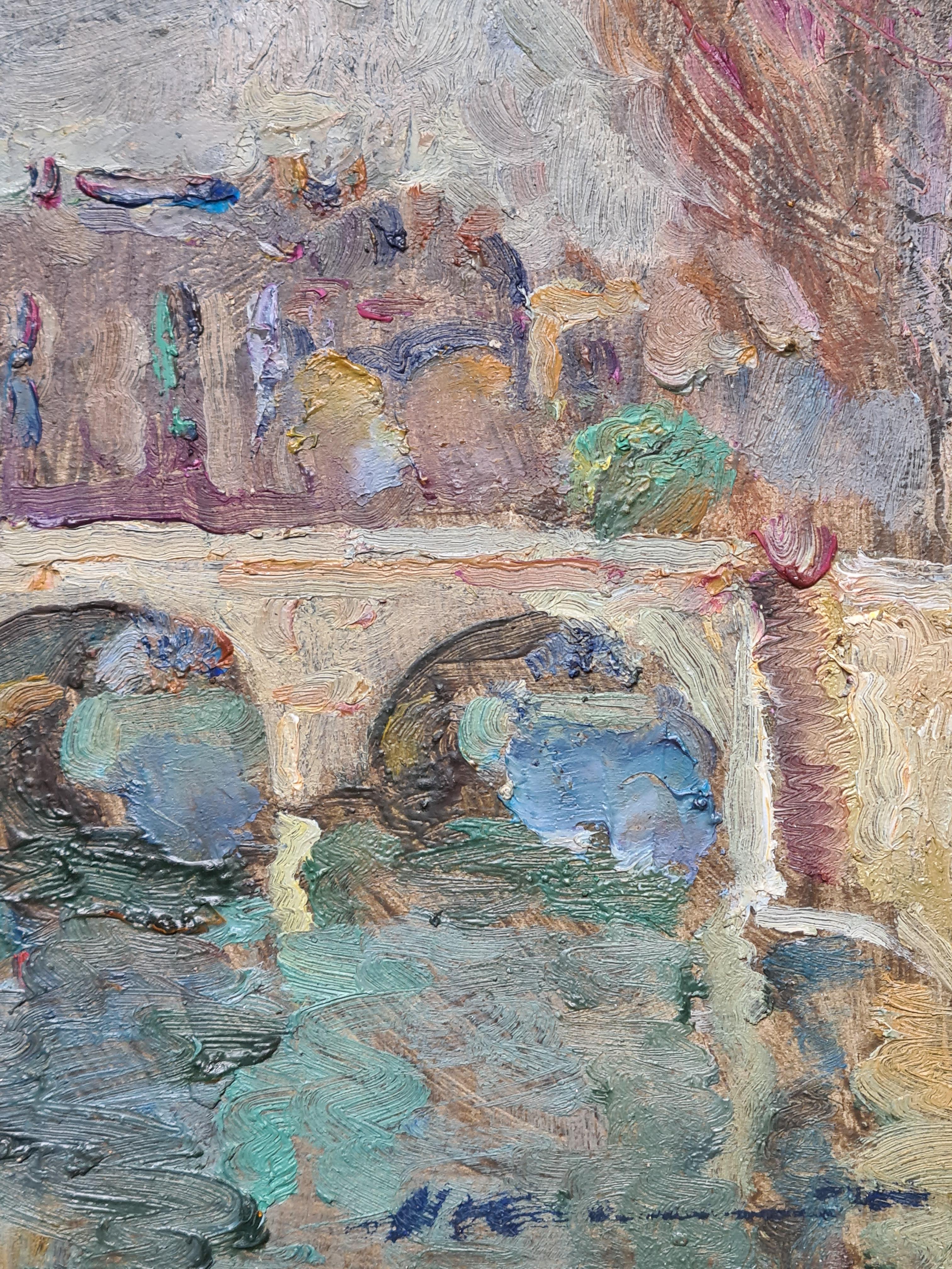 Impressionistisches Ölgemälde der Pont St. Michael und des Flusses Seine in Paris, Paris (Braun), Landscape Painting, von Nikolaï Kojoukhovski 
