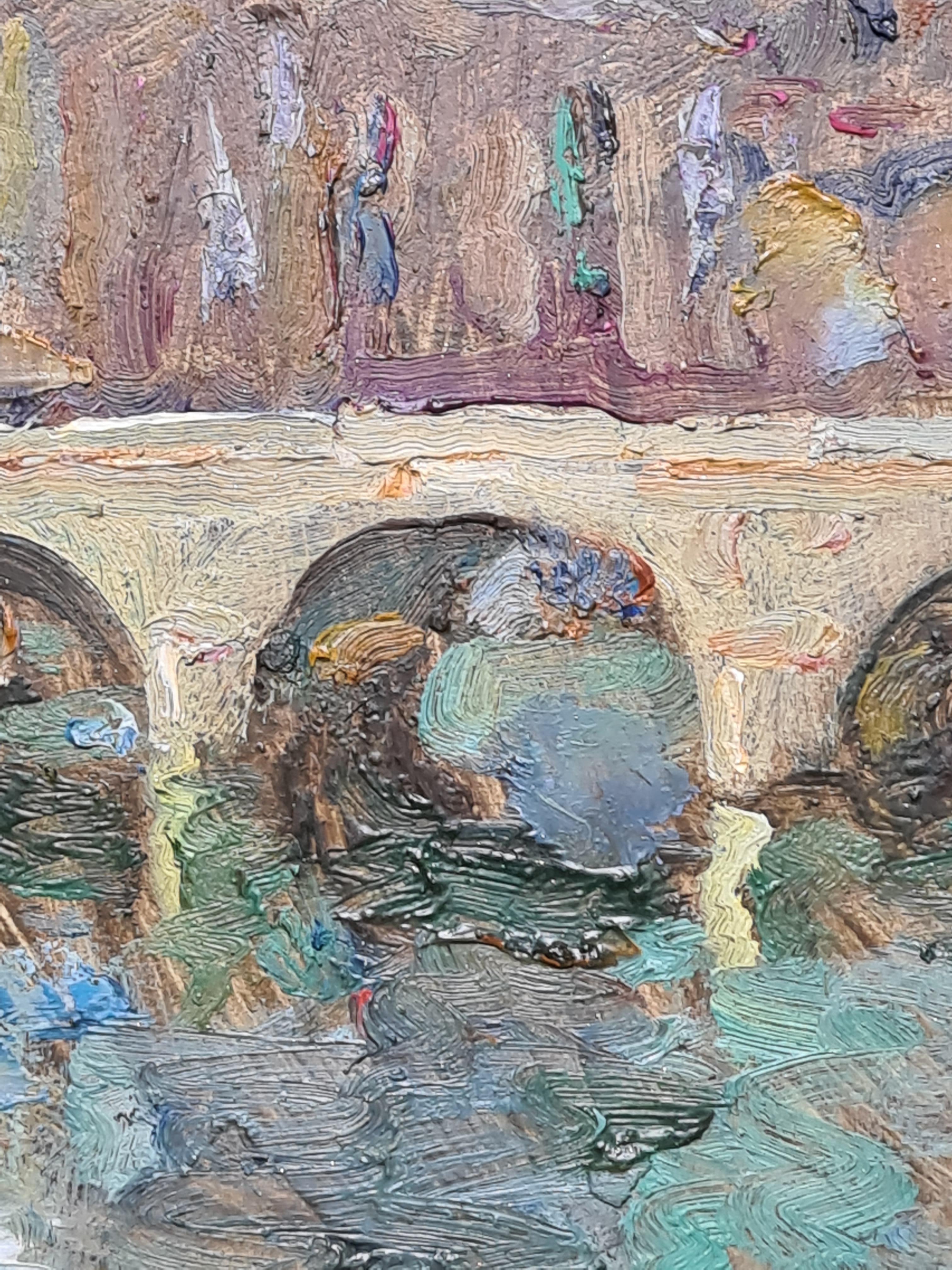 Öl auf Karton Impressionistische Ansicht der Brücke Saint-Michel und der Seine in Paris. Das Gemälde ist unten rechts signiert und auf der Rückwand betitelt, signiert und datiert sowie mit verschiedenen Ausstellungsnummern versehen. Präsentiert in