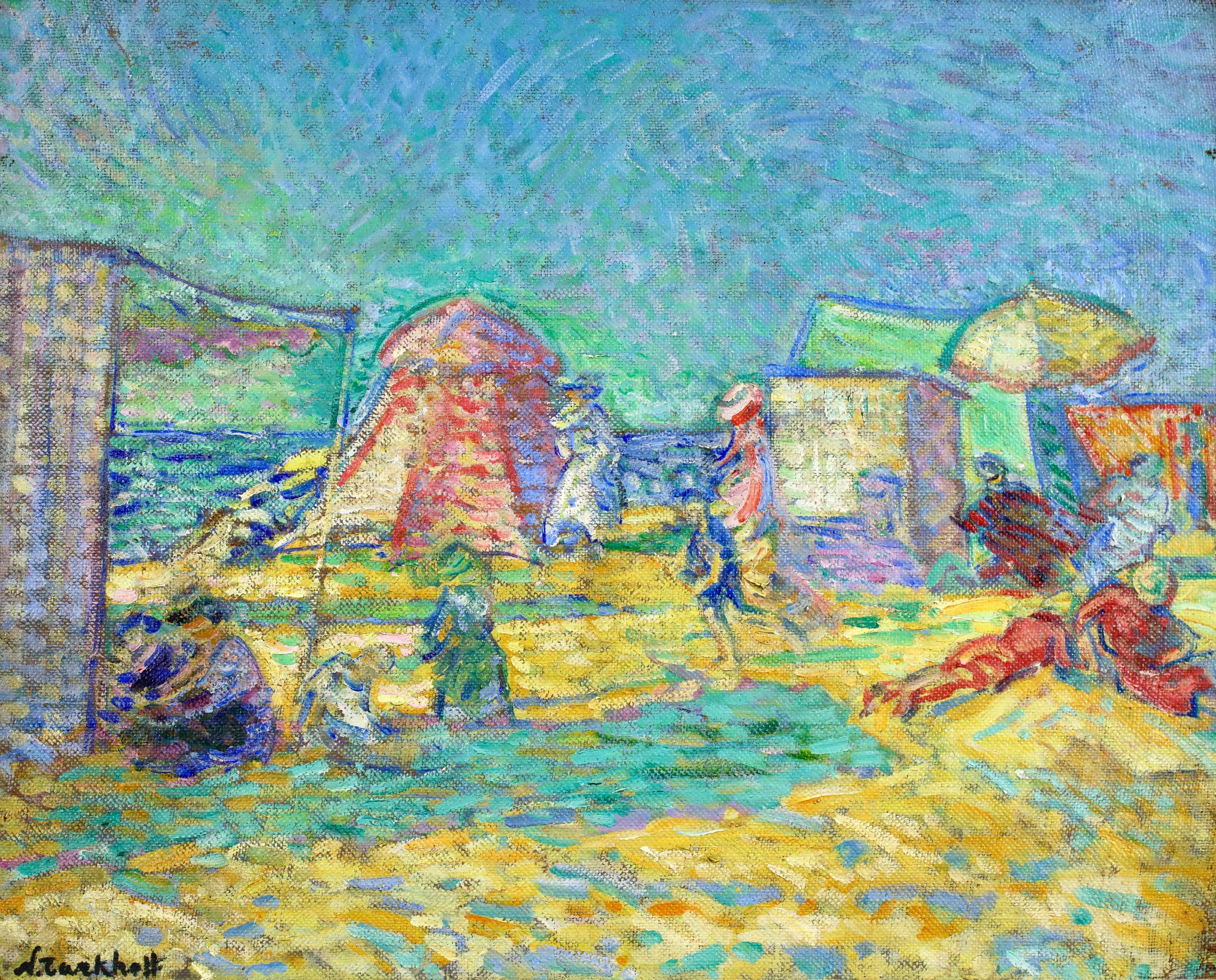 Signiert divisionistischen Stil Öl auf Leinwand Figuren in der Landschaft ca. 1906 von russischen postimpressionistischen Maler Nikolai Alexandrowitsch Tarkhoff. Dieses atemberaubende und farbenfrohe Werk zeigt Badende, die einen Sommertag am Strand