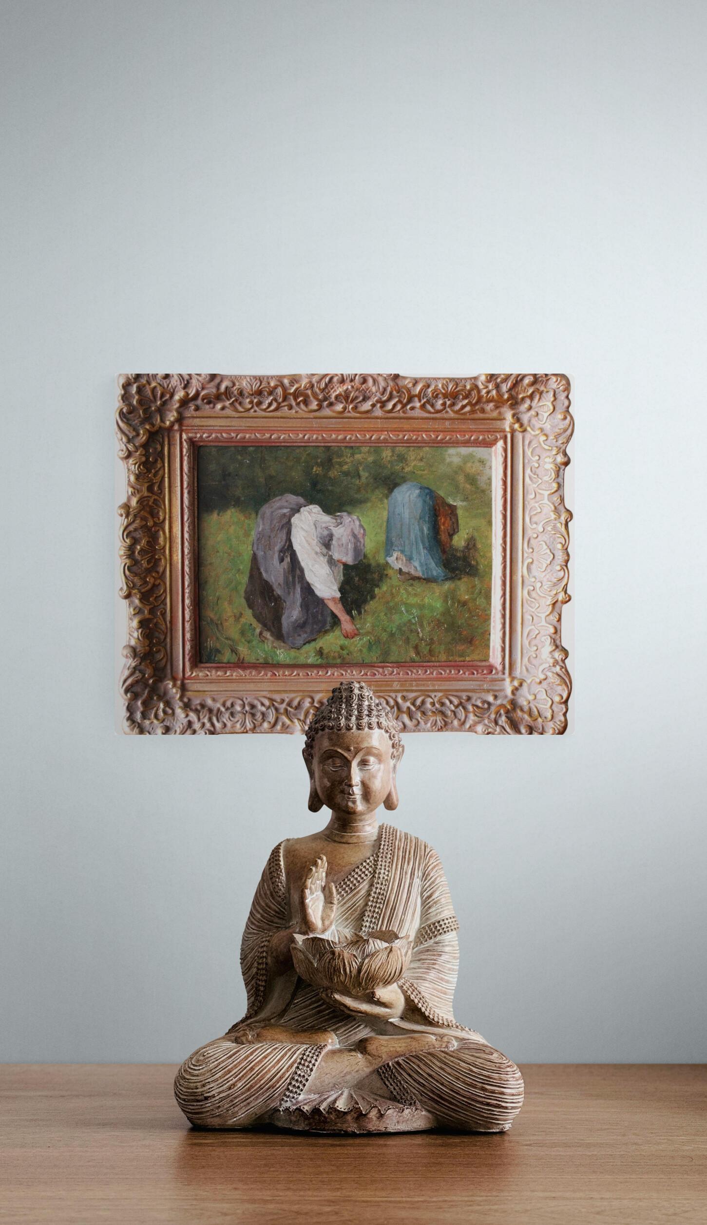 Peinture à l'huile impressionniste ancienne représentant deux femmes dans un champ en vente 2
