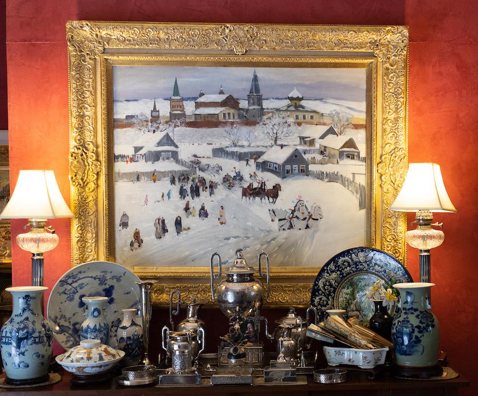 Russian Village Snow Scene - Painting by Nikolay Baskakov