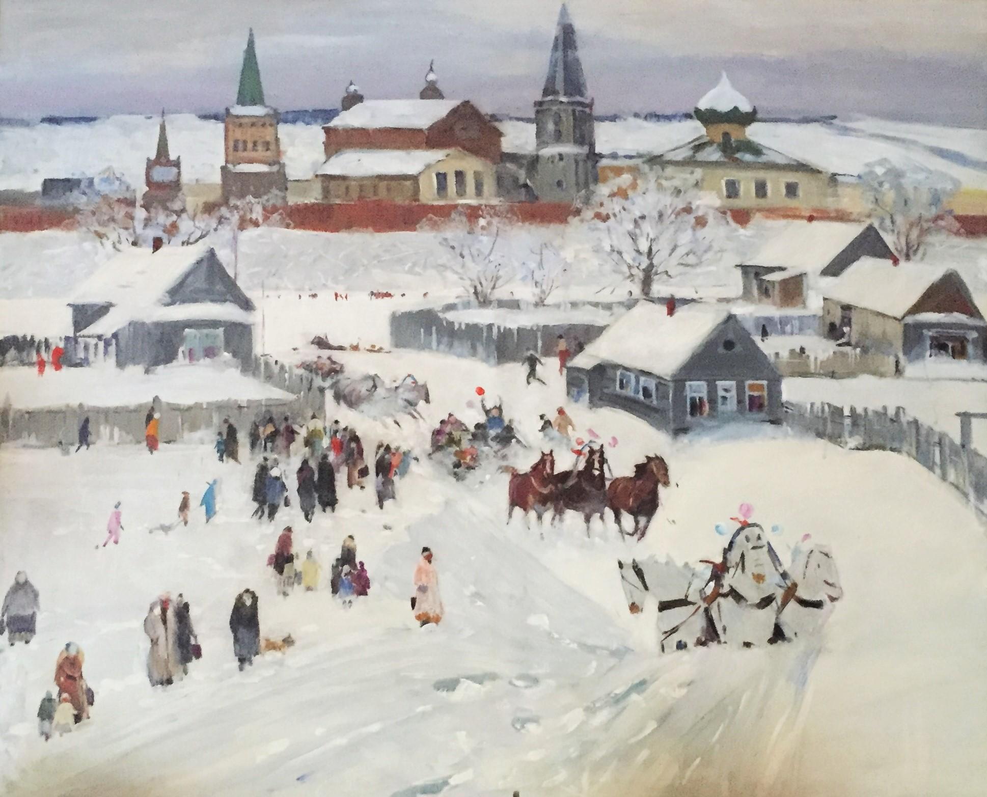 Russian Village Snow Scene - Painting by Nikolay Baskakov