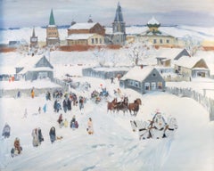 Escena de nieve en un pueblo ruso