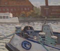 Schiffe auf Spree-Fluss, Gemälde, Öl auf Anderem