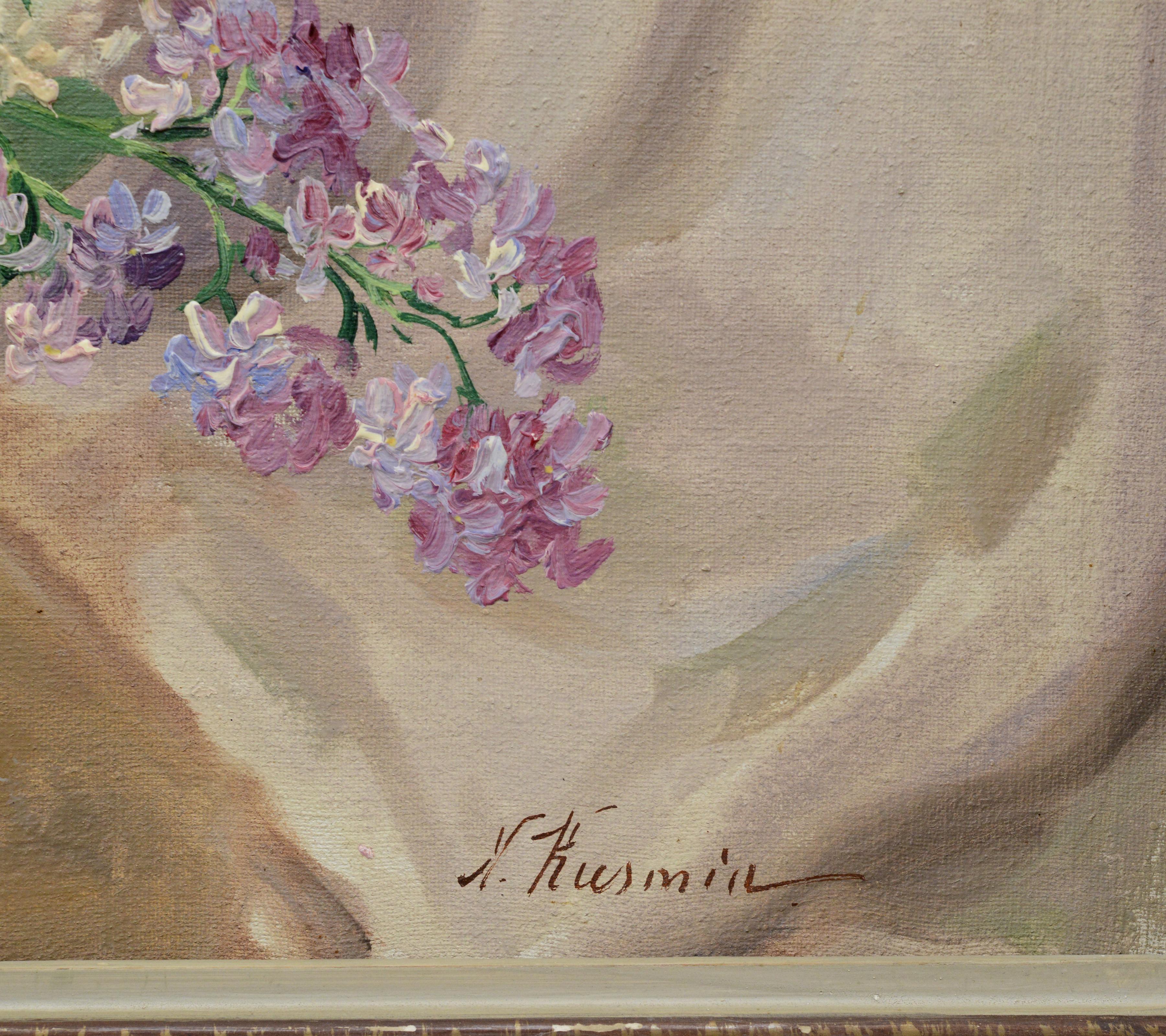 Mitte 20. Jahrhundert Russisches Stillleben Ölgemälde Fliederstrauß Gerahmt Signiert im Angebot 5