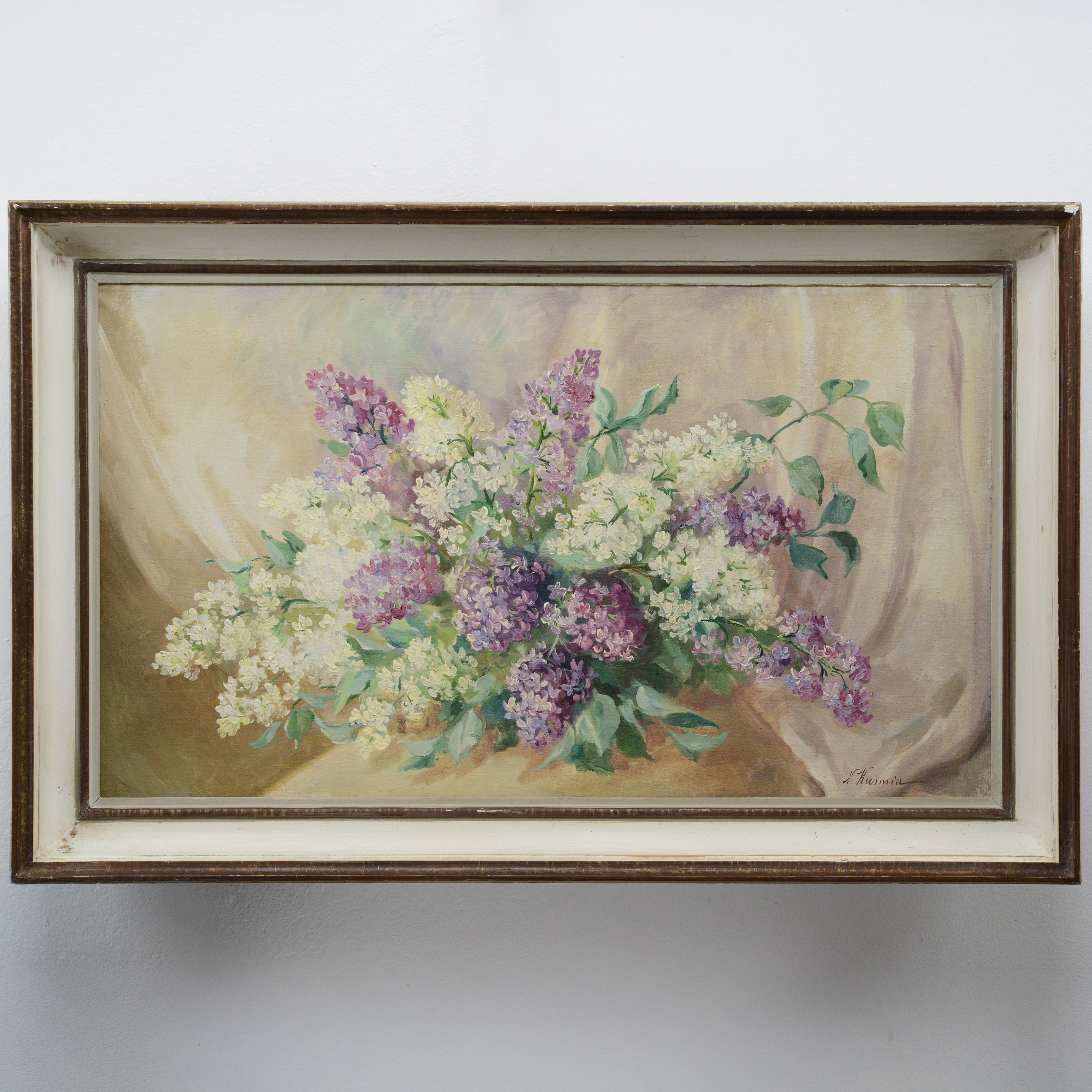 Mitte 20. Jahrhundert Russisches Stillleben Ölgemälde Fliederstrauß Gerahmt Signiert – Painting von Nikolai Kusmin