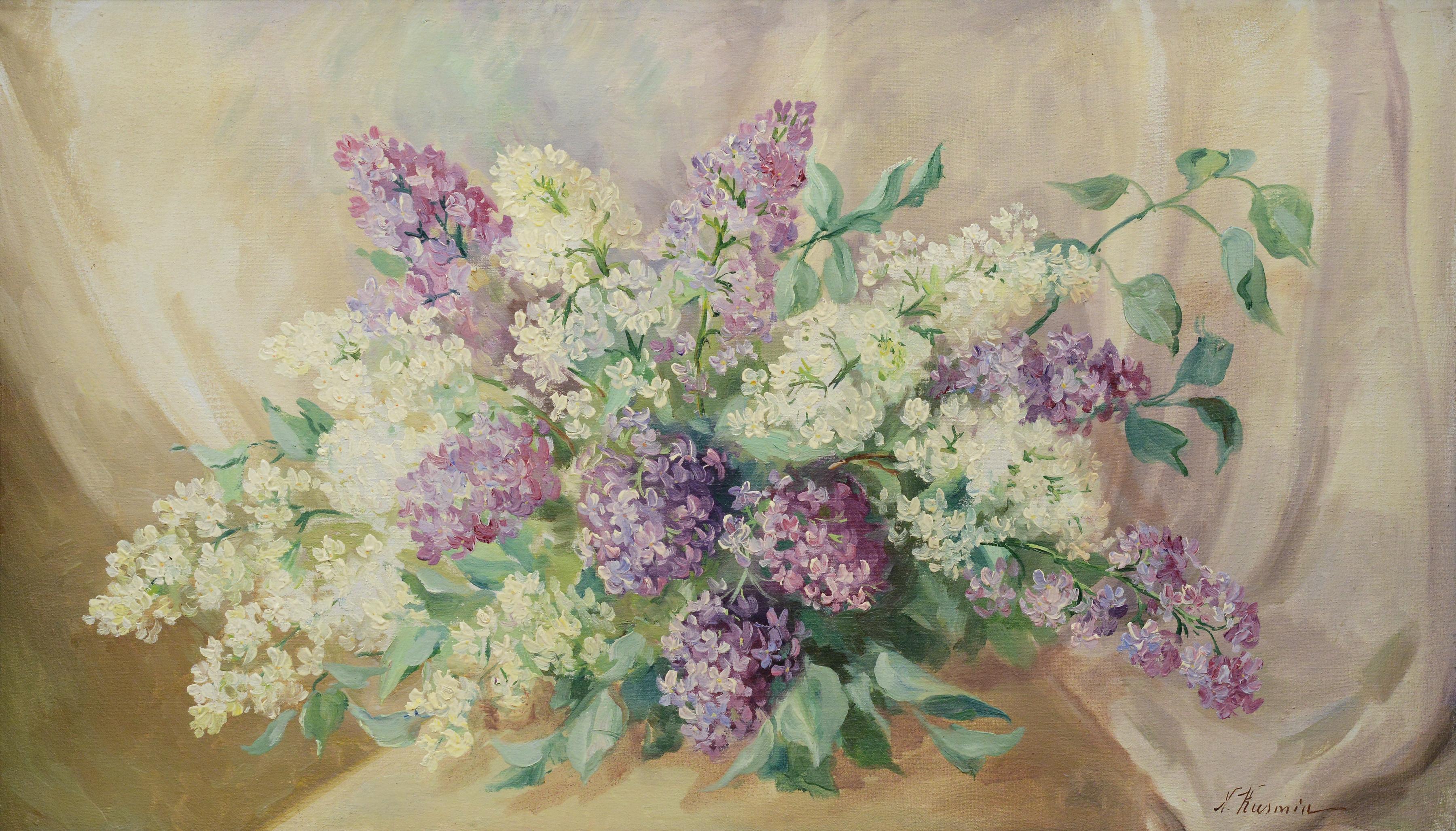 Mitte 20. Jahrhundert Russisches Stillleben Ölgemälde Fliederstrauß Gerahmt Signiert (Realismus), Painting, von Nikolai Kusmin