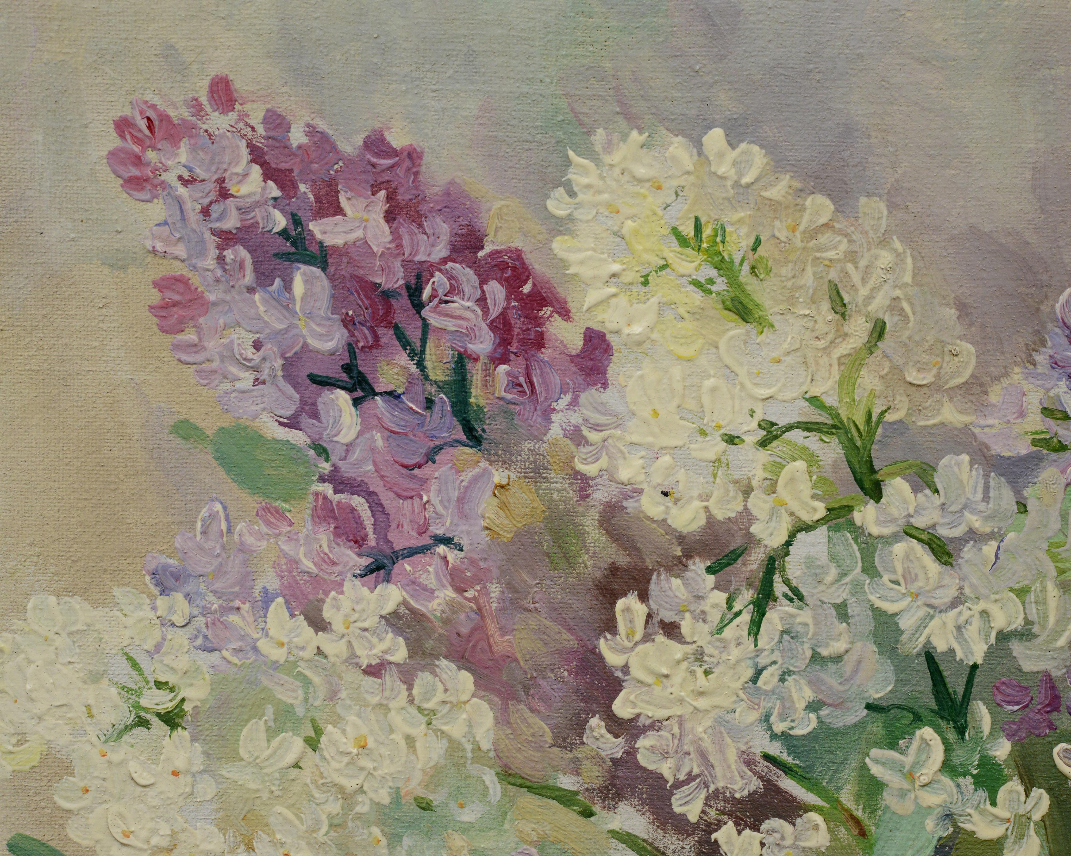 Mitte 20. Jahrhundert Russisches Stillleben Ölgemälde Fliederstrauß Gerahmt Signiert im Angebot 1