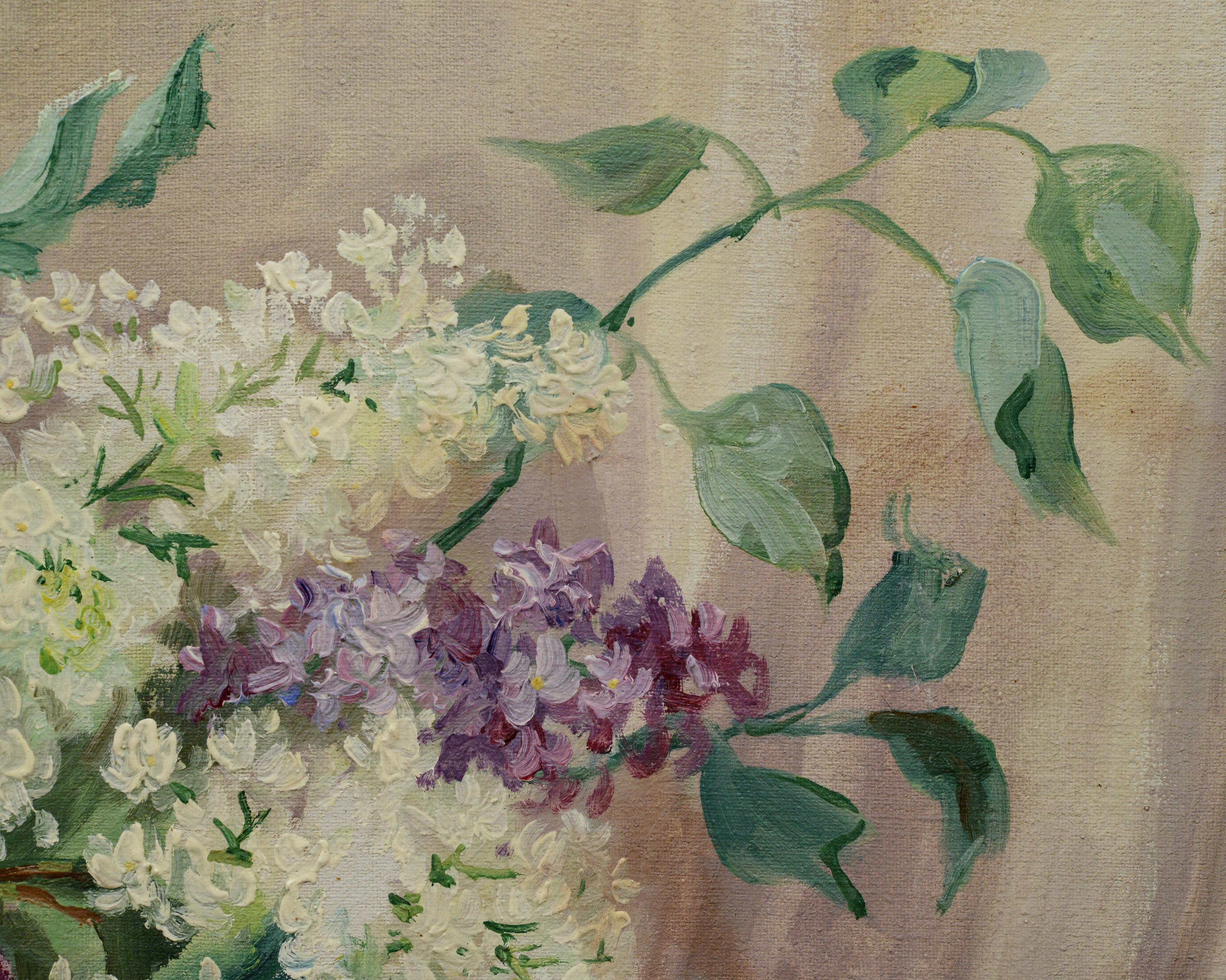 Mitte 20. Jahrhundert Russisches Stillleben Ölgemälde Fliederstrauß Gerahmt Signiert im Angebot 2