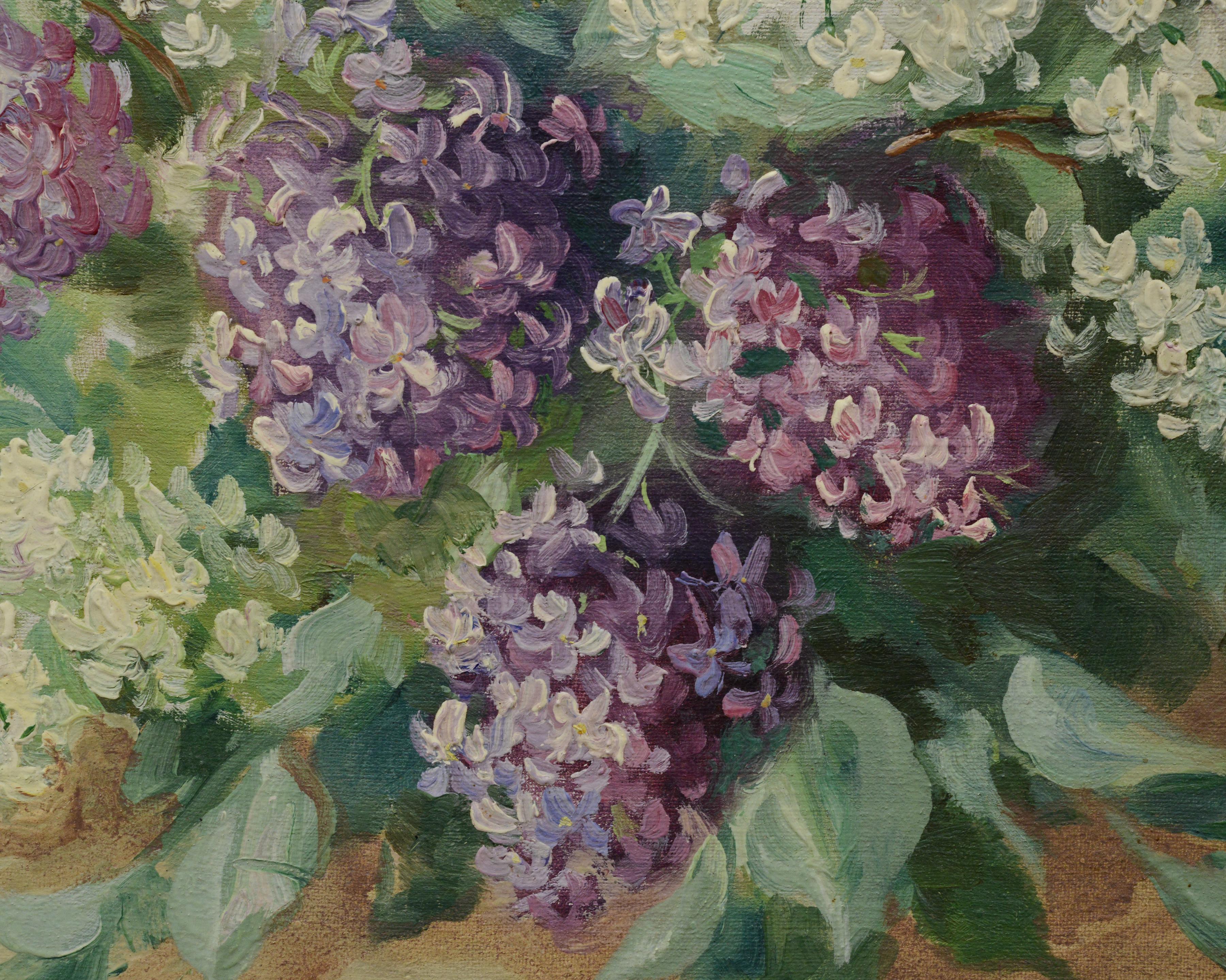 Mitte 20. Jahrhundert Russisches Stillleben Ölgemälde Fliederstrauß Gerahmt Signiert im Angebot 3