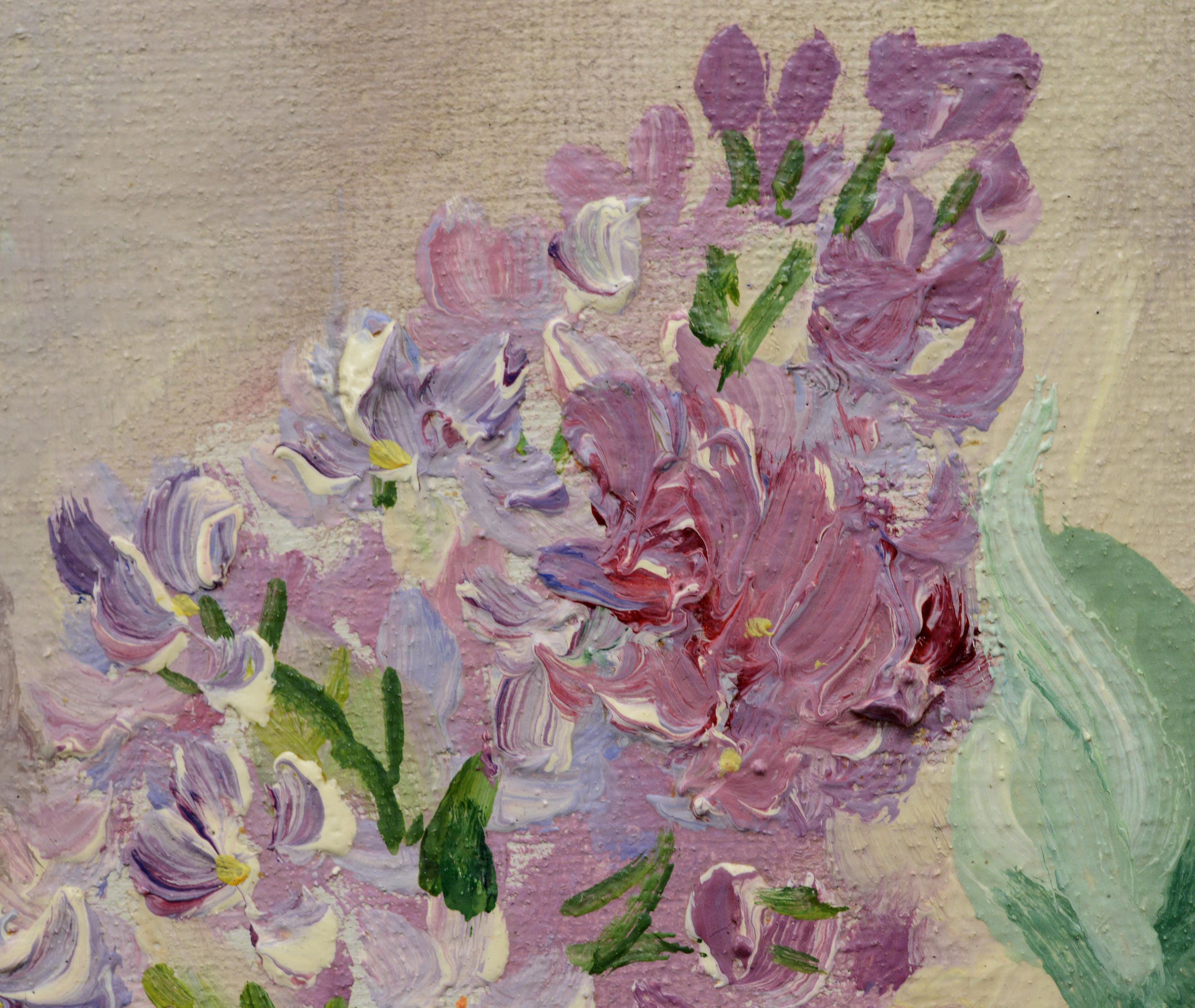 Mitte 20. Jahrhundert Russisches Stillleben Ölgemälde Fliederstrauß Gerahmt Signiert im Angebot 4