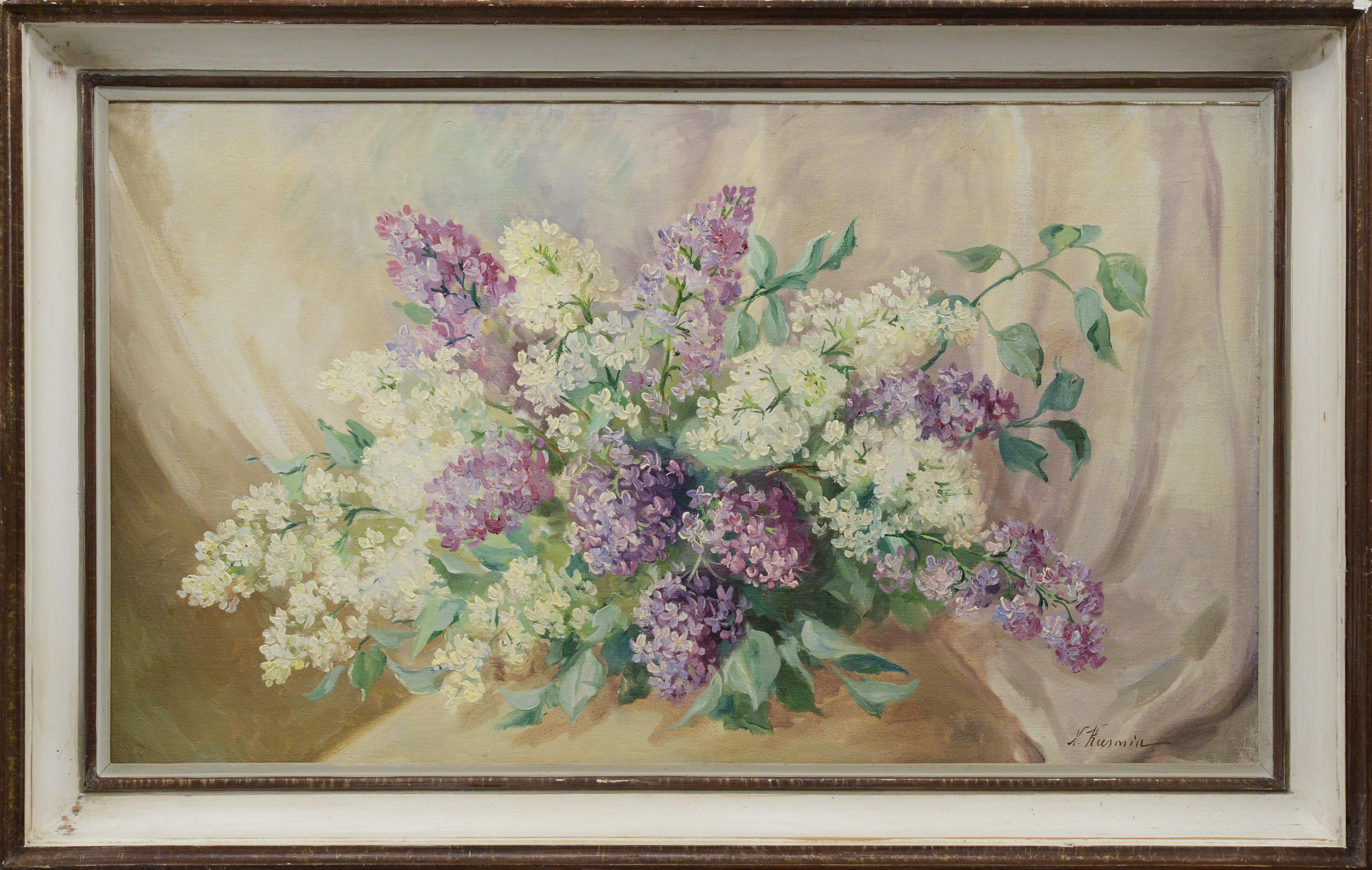 Nikolai Kusmin Still-Life Painting – Mitte 20. Jahrhundert Russisches Stillleben Ölgemälde Fliederstrauß Gerahmt Signiert