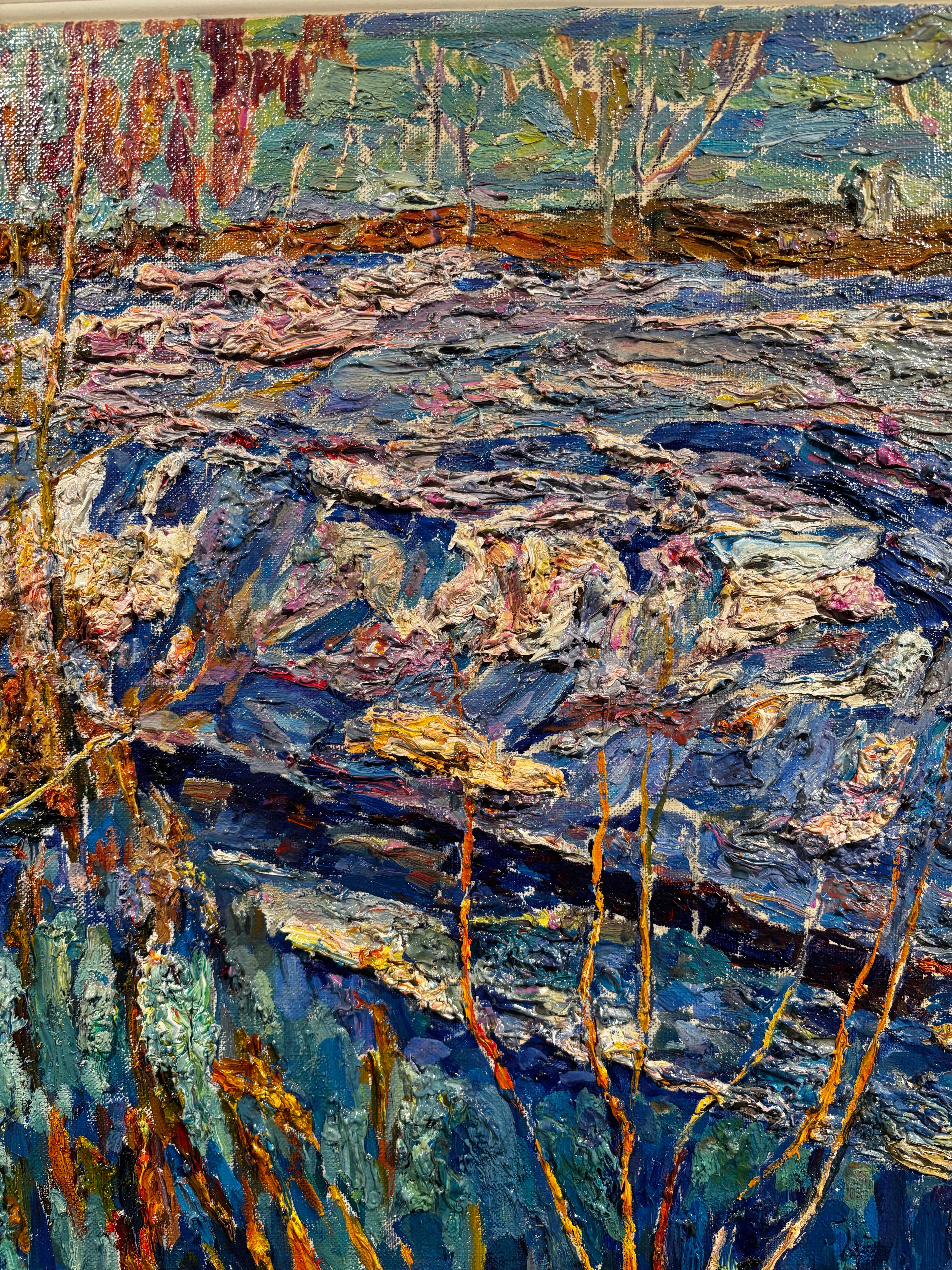 Paesaggio di disgelo,colori vivaci,pittura materica e luminosa,Turchese,bianco e rosso