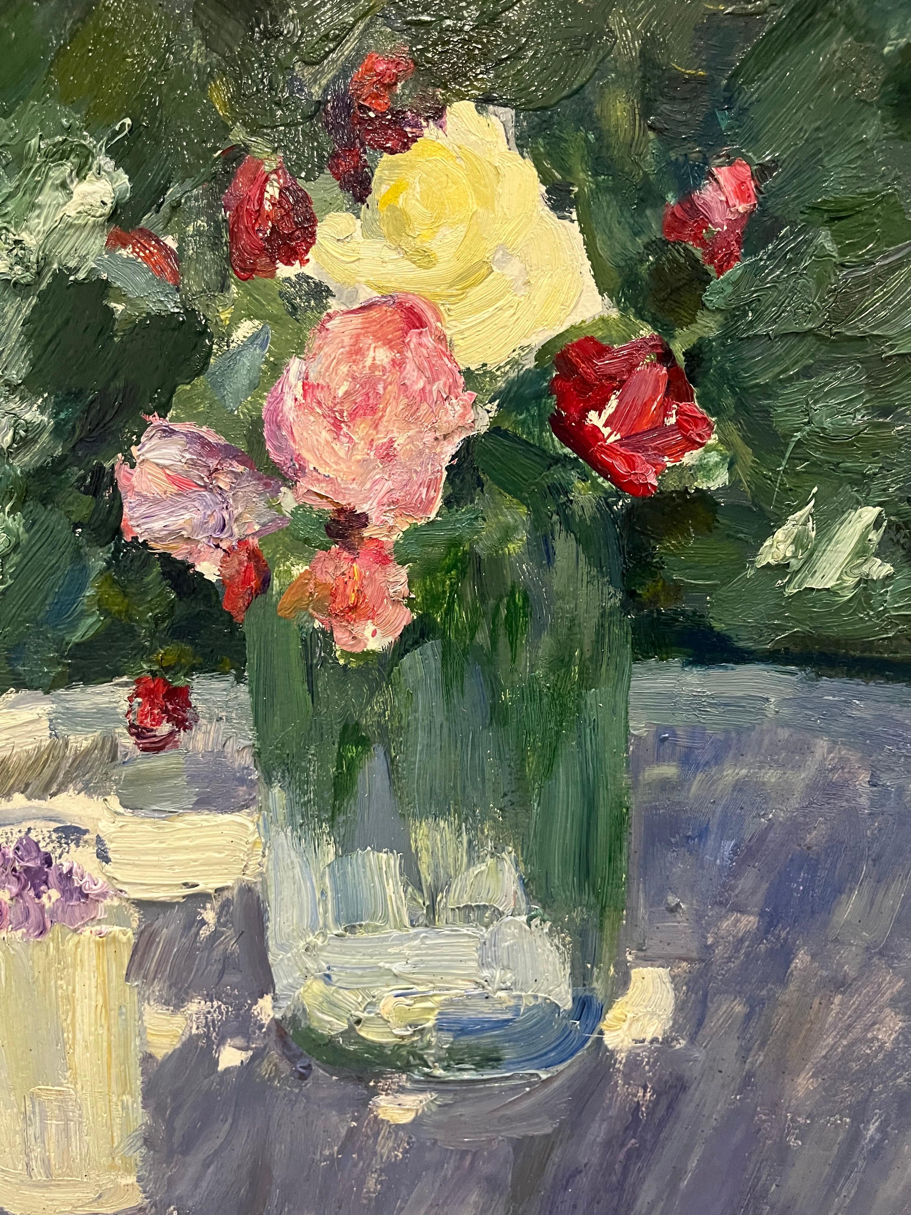 Olio su cartone, rose sotto il sole, 50 x 70 cm, 1982 - Impressionnisme Painting par Nikolai Latyshenko