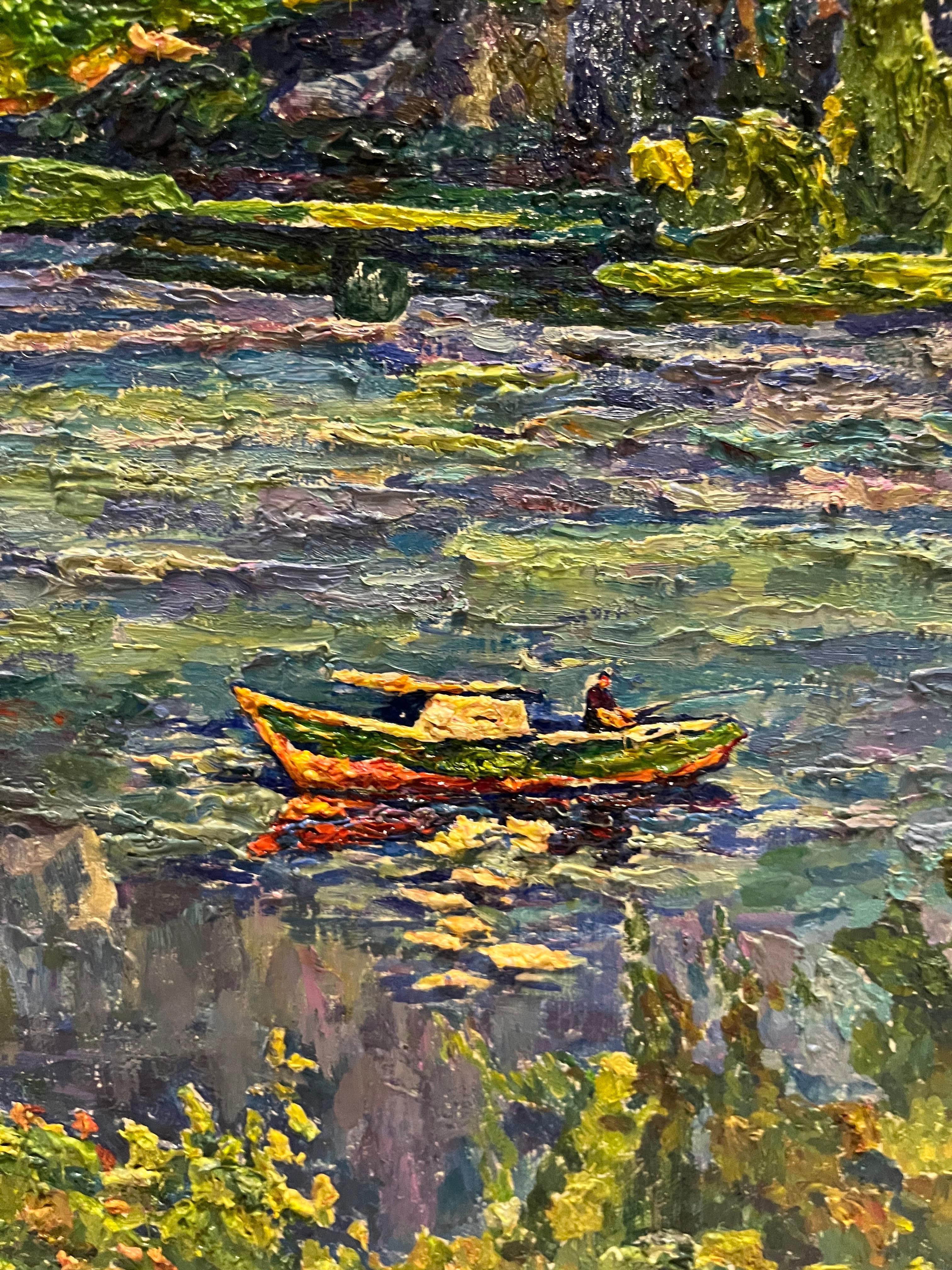 « Silver » lac, pêcheur, bateau, vert  Huile cm. 90 x 70  - Painting de Nikolai Latyshenko