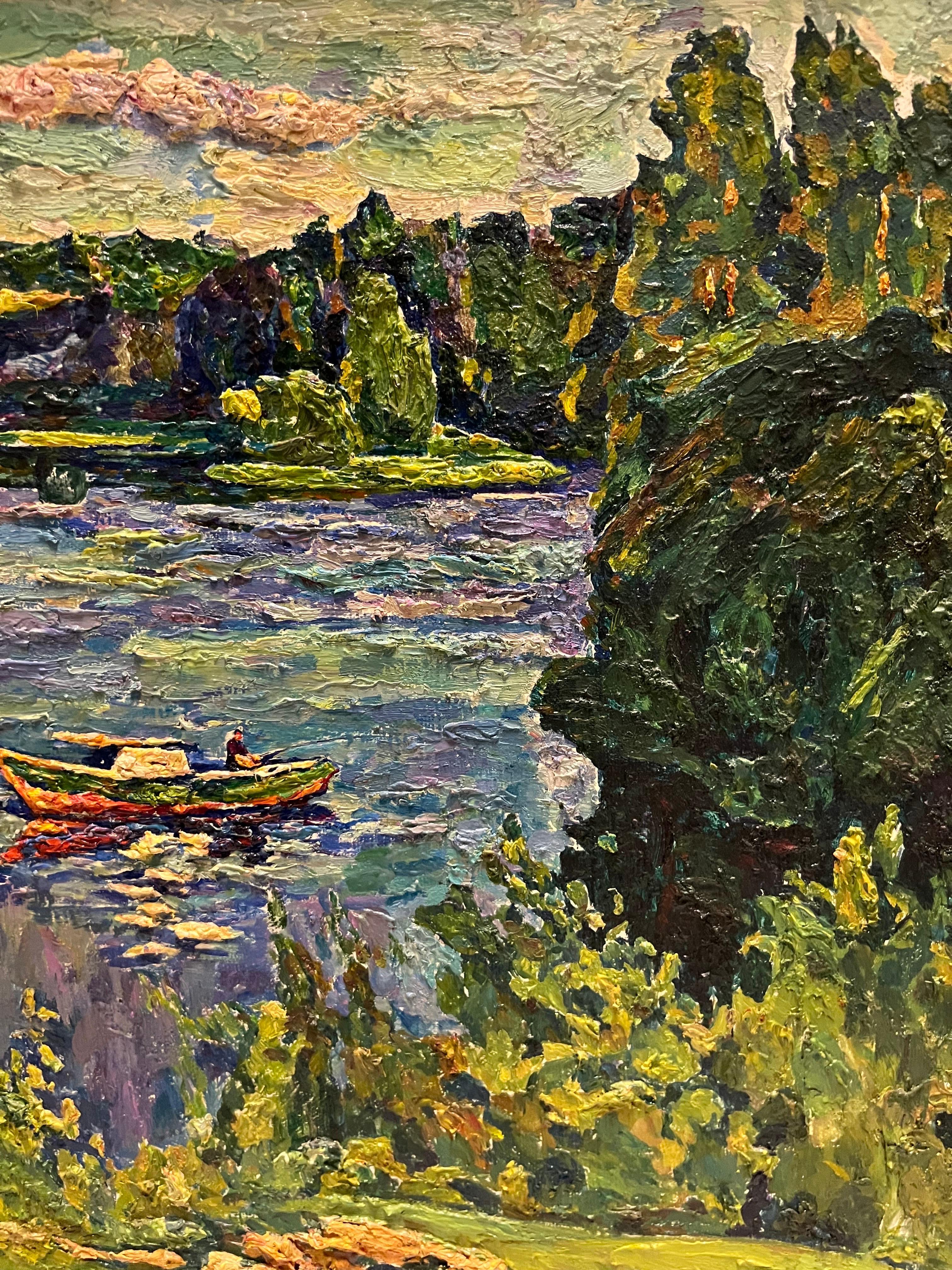 « Silver » lac, pêcheur, bateau, vert  Huile cm. 90 x 70  en vente 1